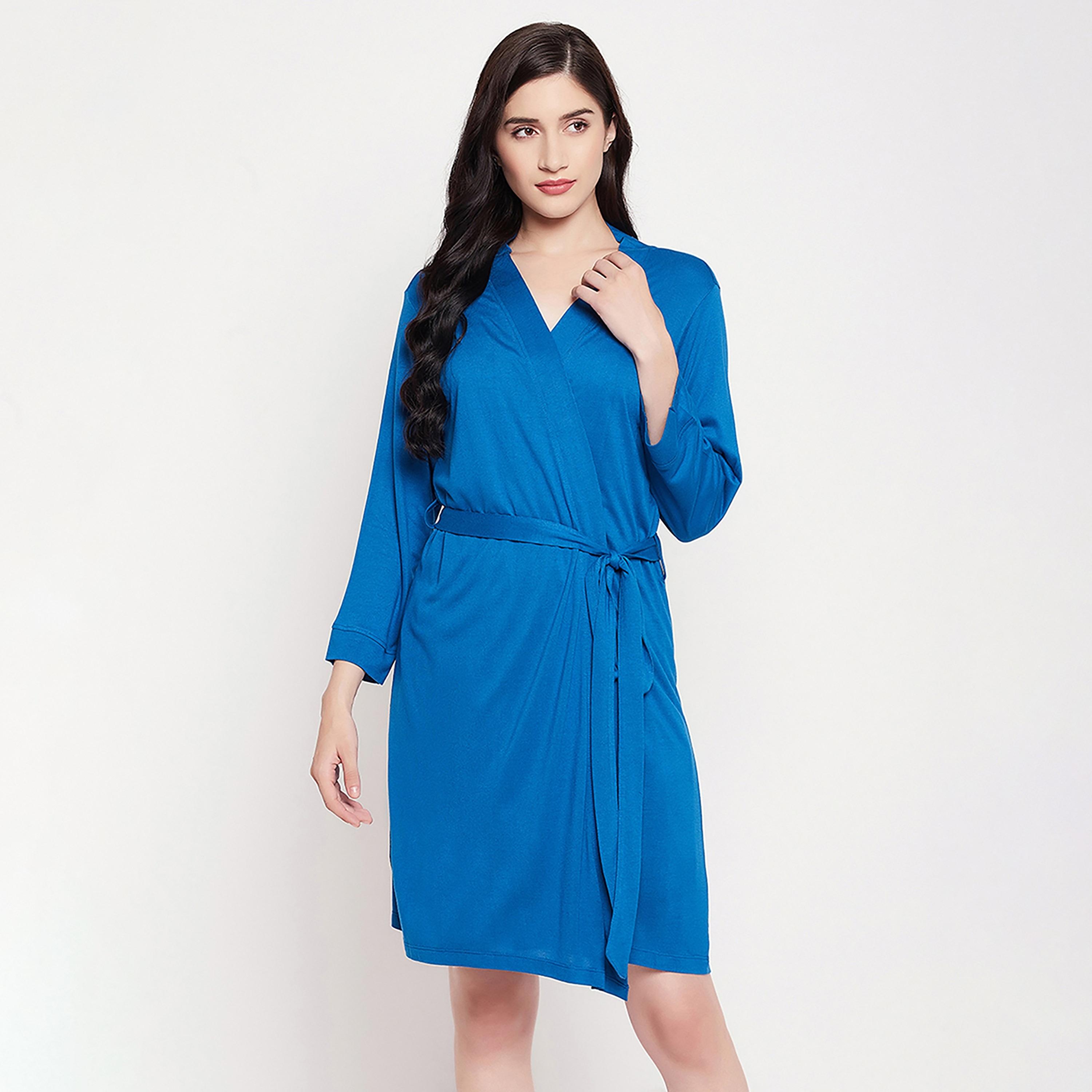 Clovia Chic Basic Women's Robe in Cobalt Blue - Viscose-women-clothing-nightwear-robes-image-1