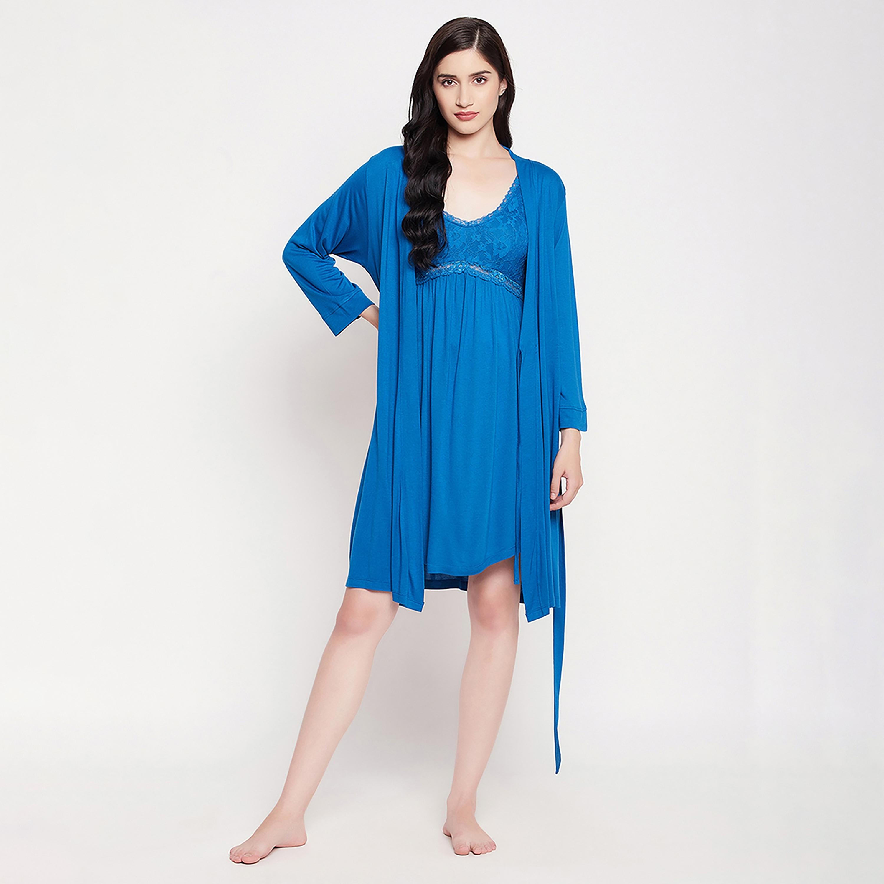 Clovia Chic Basic Women's Robe in Cobalt Blue - Viscose-women-clothing-nightwear-robes-image-2