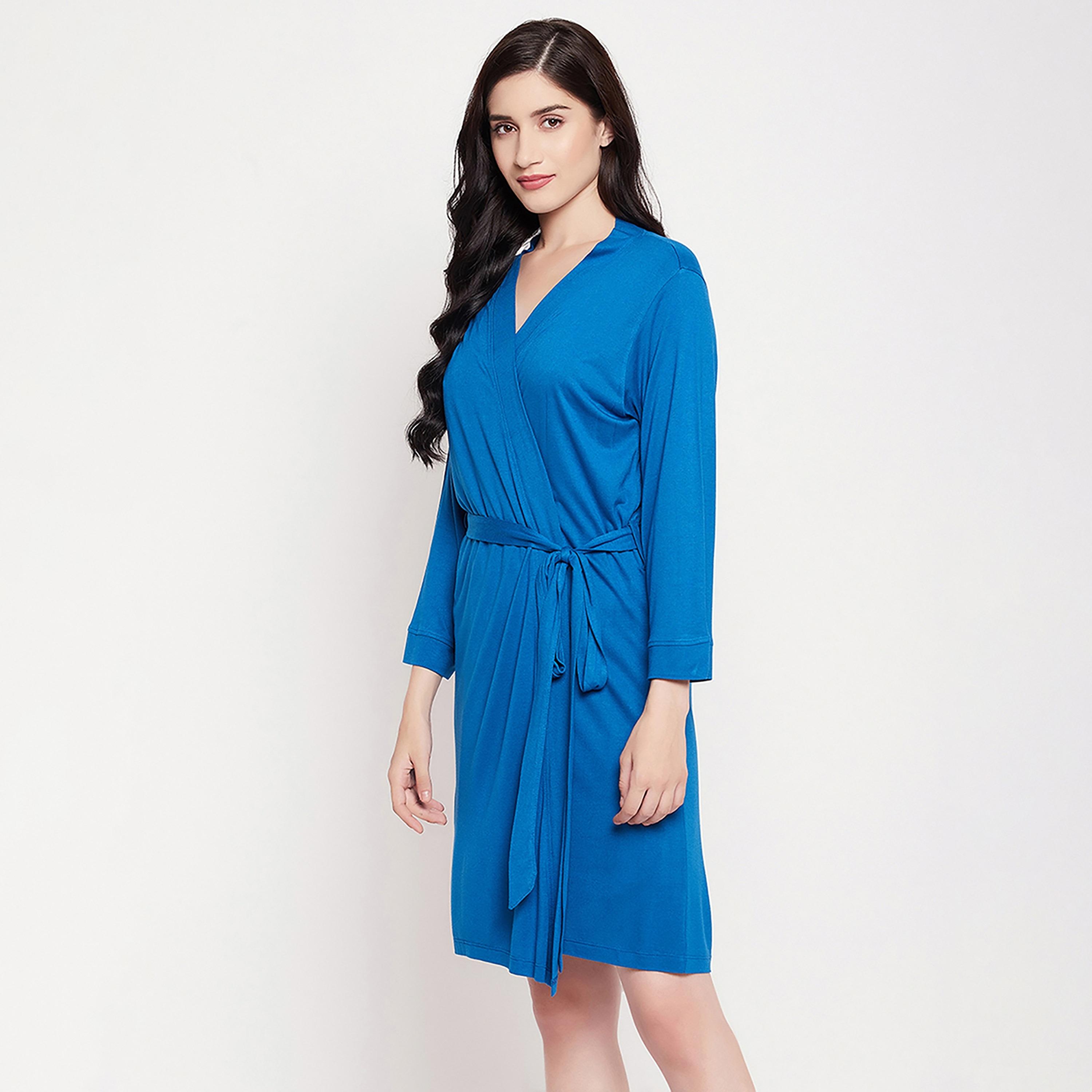 Clovia Chic Basic Women's Robe in Cobalt Blue - Viscose-women-clothing-nightwear-robes-image-3