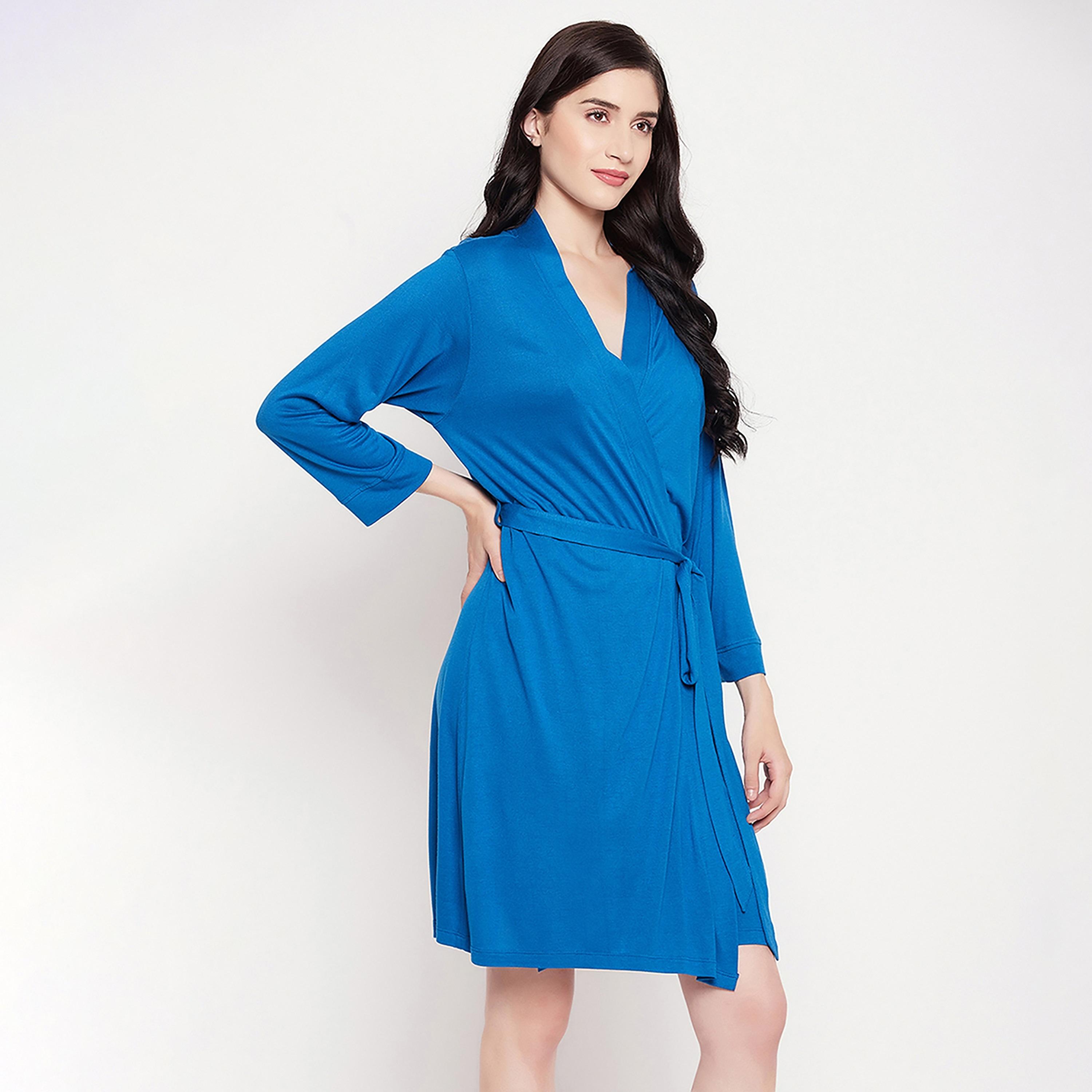 Clovia Chic Basic Women's Robe in Cobalt Blue - Viscose-women-clothing-nightwear-robes-image-4