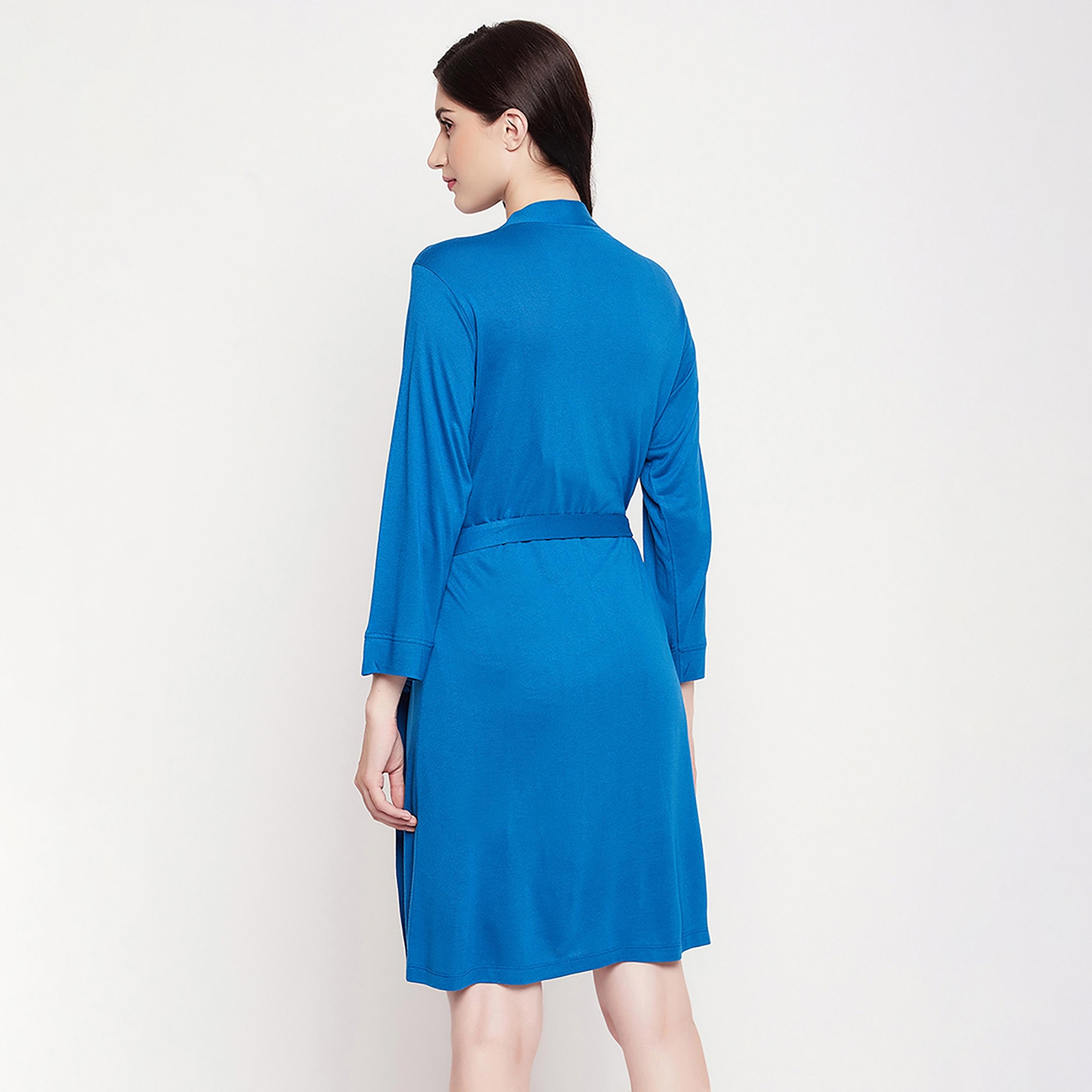 Clovia Chic Basic Women's Robe in Cobalt Blue - Viscose-women-clothing-nightwear-robes-image-5