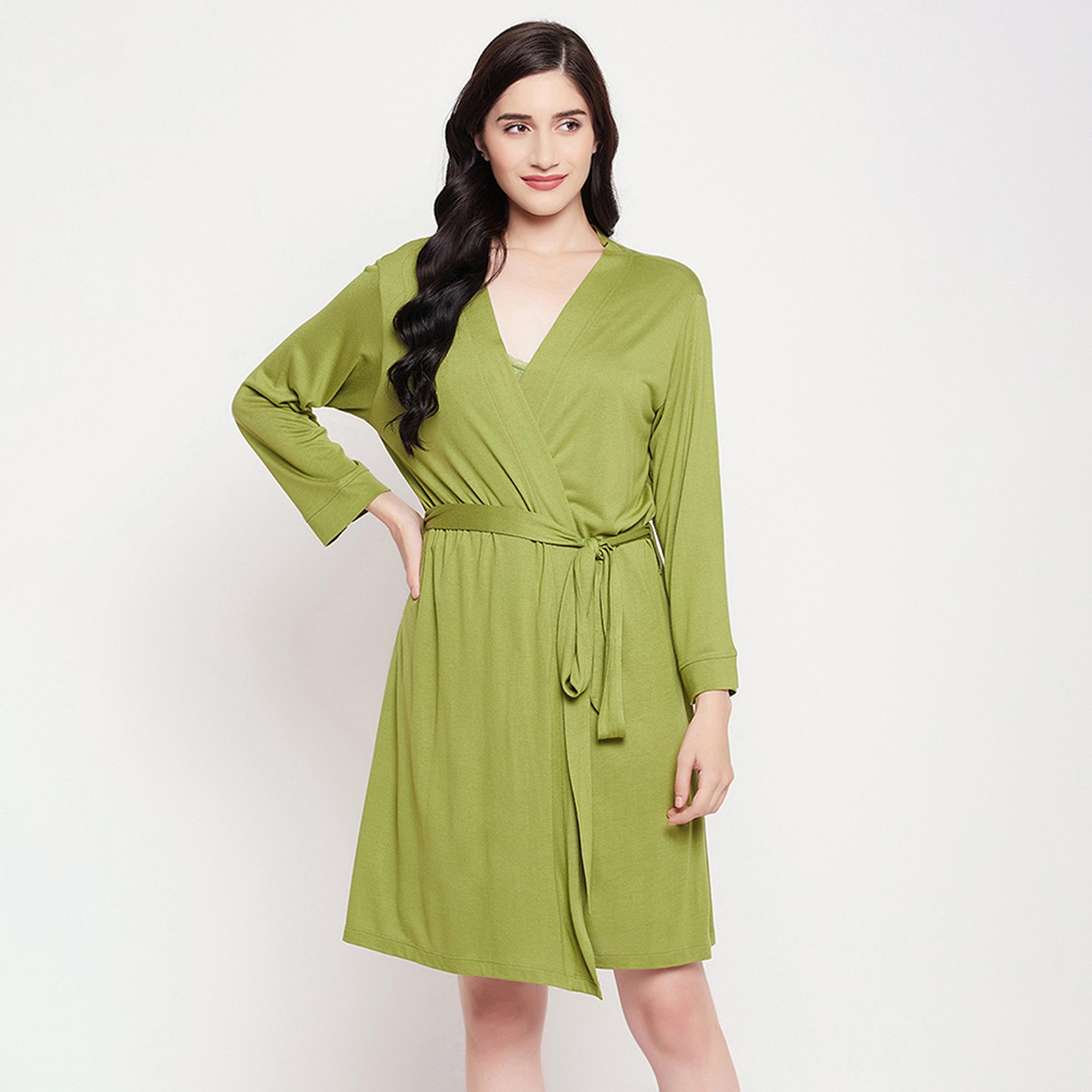 Clovia Chic Basic Women's Robe in Green - Viscose-women-clothing-nightwear-robes-image-1