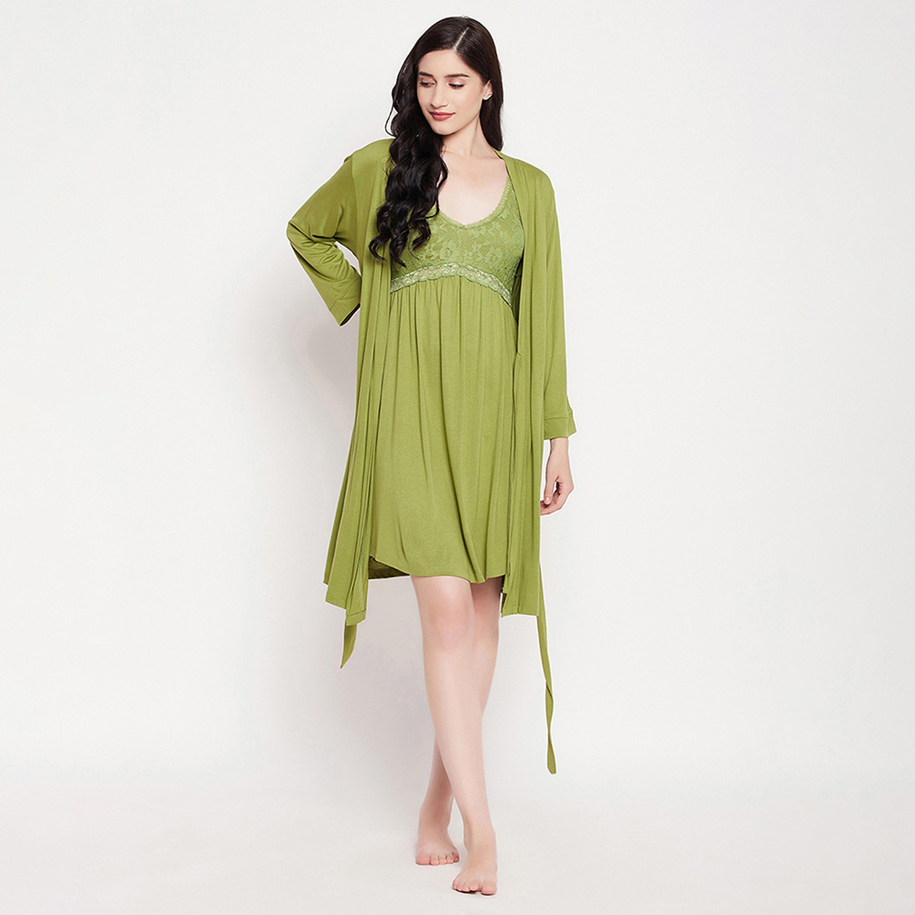 Clovia Chic Basic Women's Robe in Green - Viscose-women-clothing-nightwear-robes-image-2