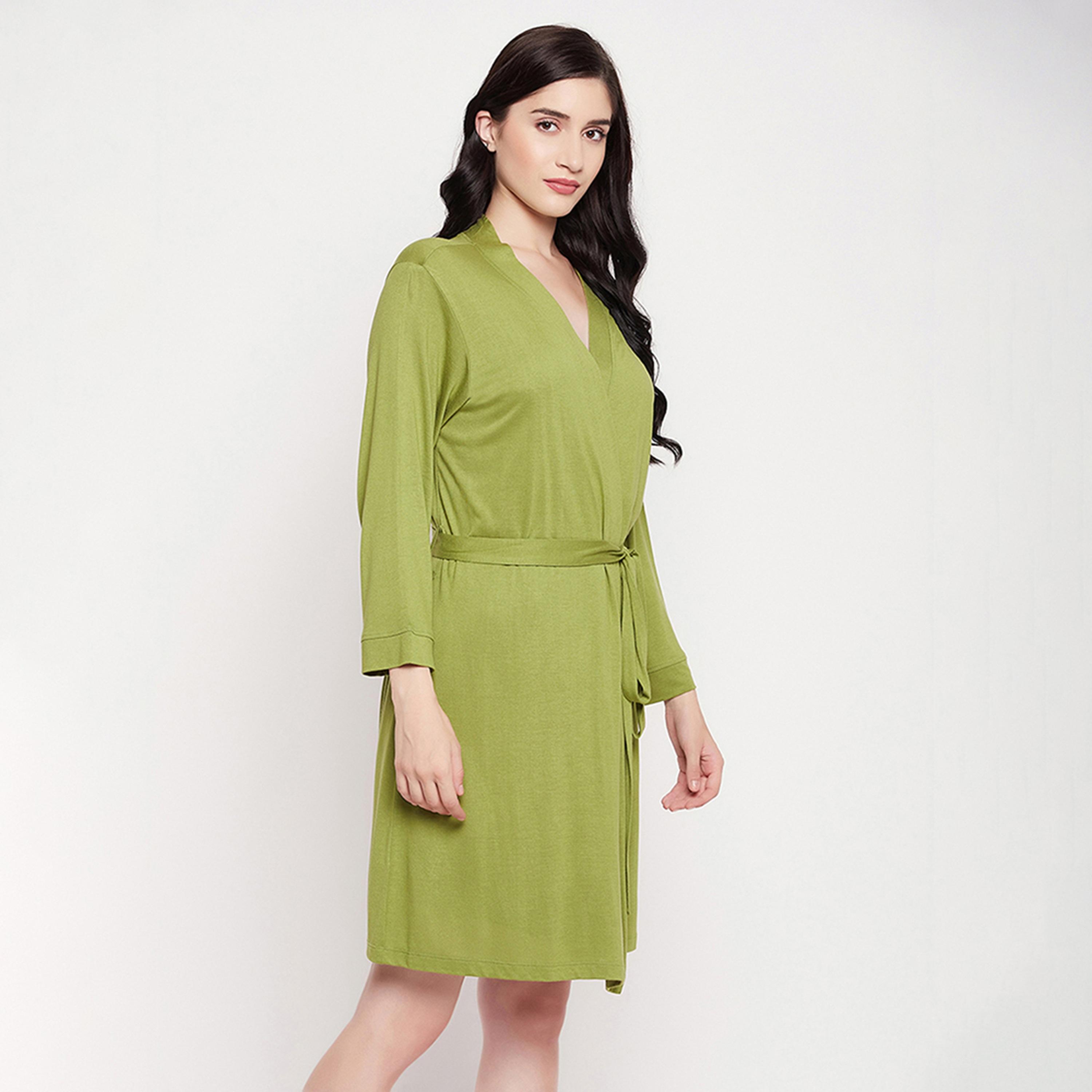 Clovia Chic Basic Women's Robe in Green - Viscose-women-clothing-nightwear-robes-image-3
