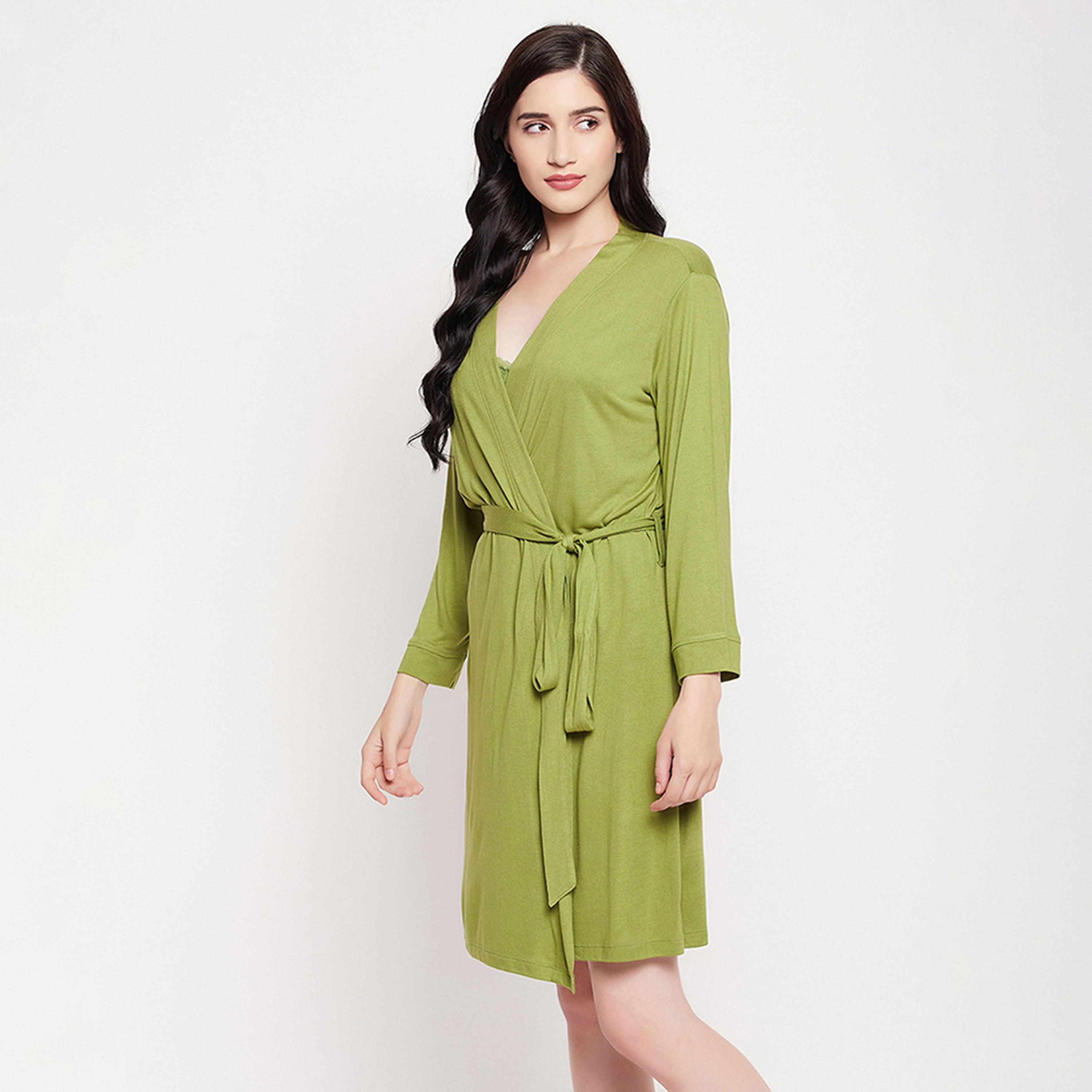 Clovia Chic Basic Women's Robe in Green - Viscose-women-clothing-nightwear-robes-image-4
