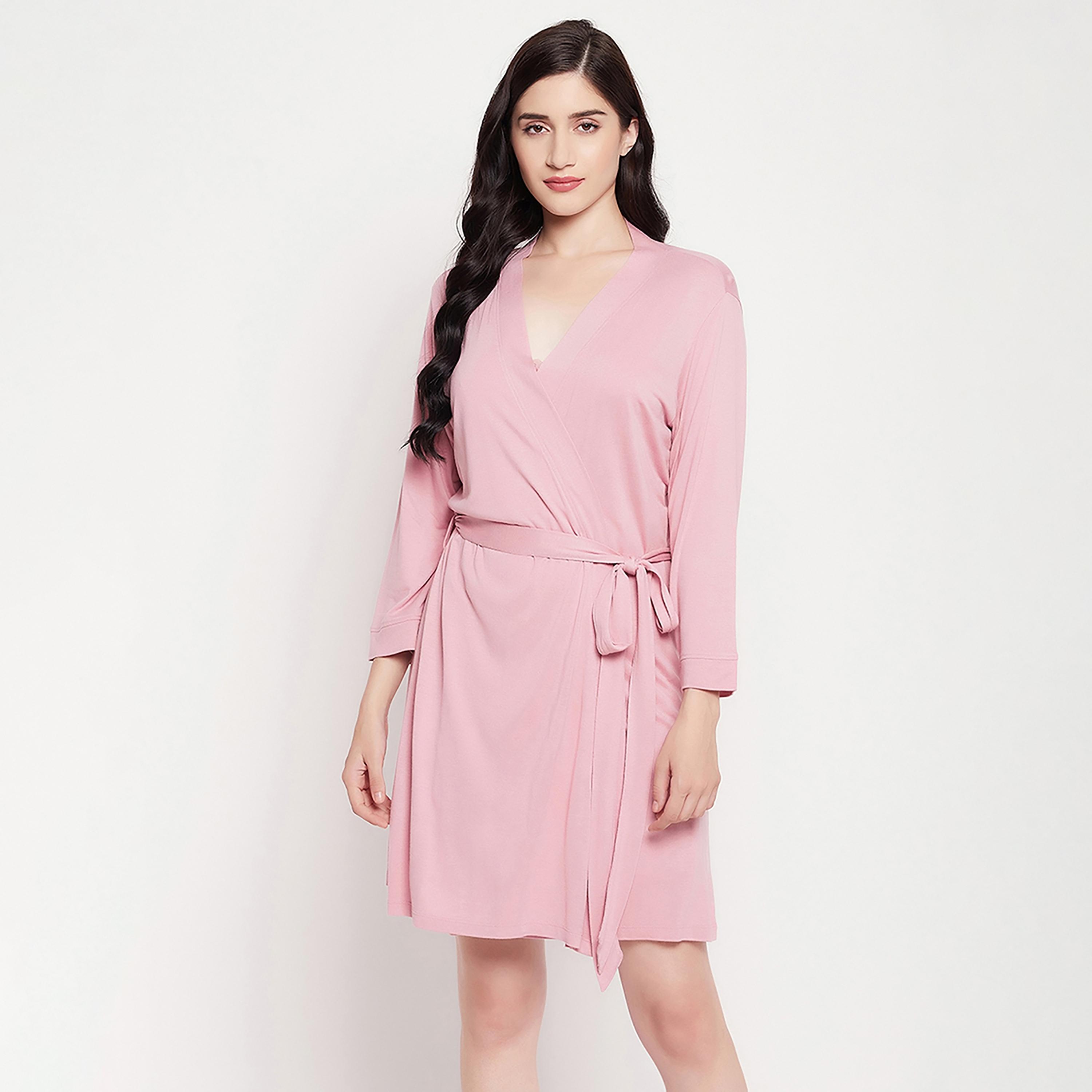 Clovia Chic Basic Women's Robe in Baby Pink - Viscose-women-clothing-nightwear-robes-image-1