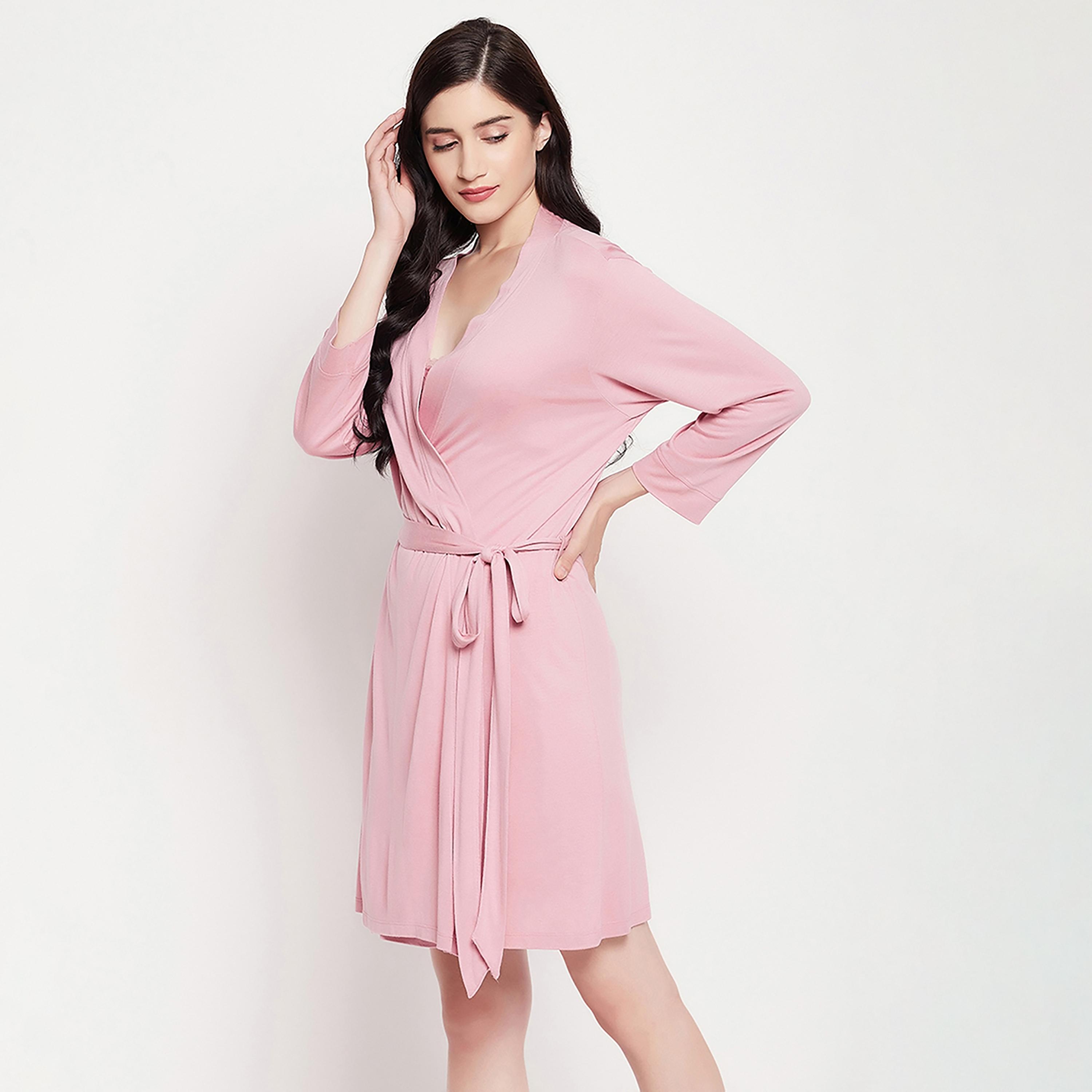 Clovia Chic Basic Women's Robe in Baby Pink - Viscose-women-clothing-nightwear-robes-image-3