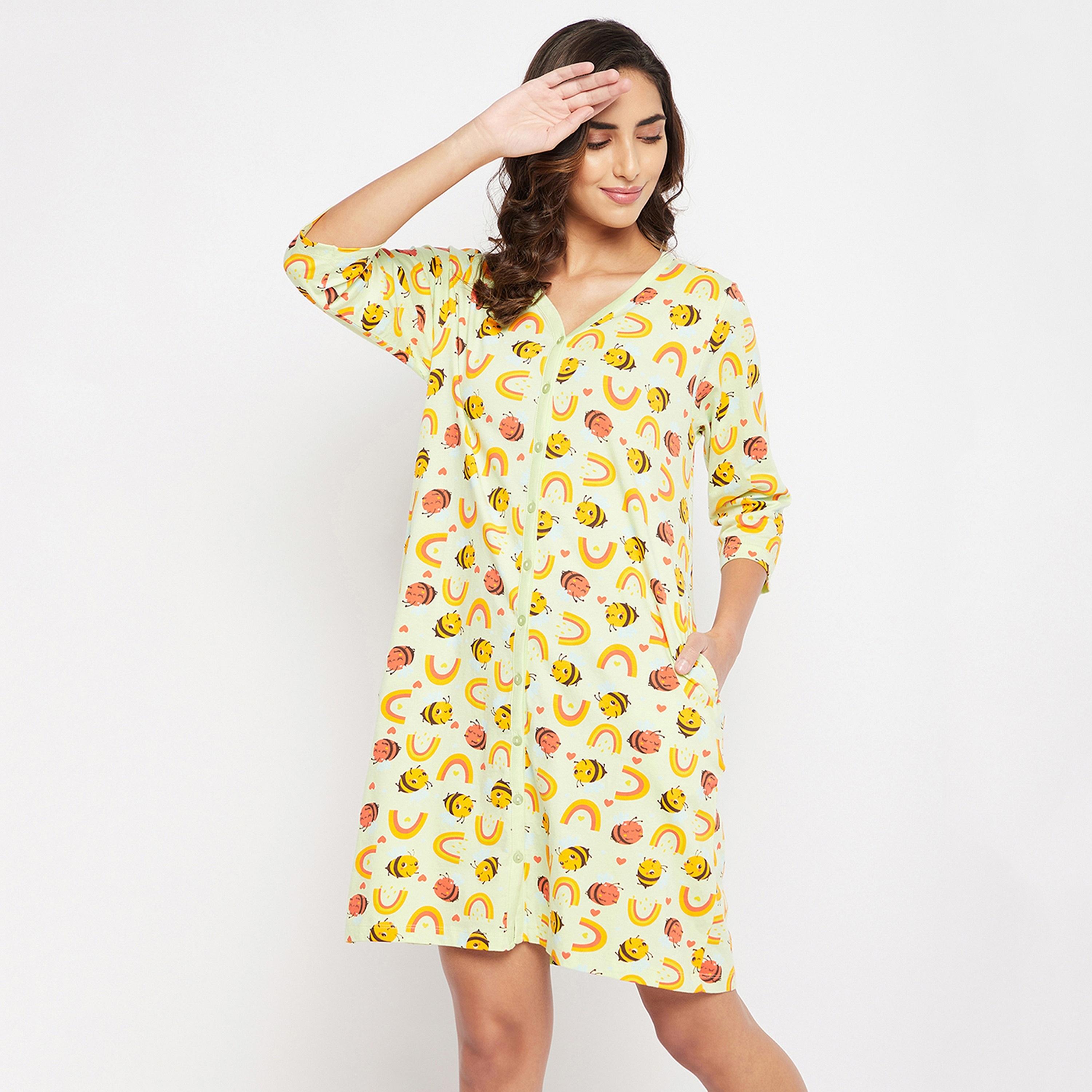 Clovia Bee Print Button Down Women's Short Night Dress in Mint Green - Pure Cotton-women-clothing-nightwear-nighties-image-1