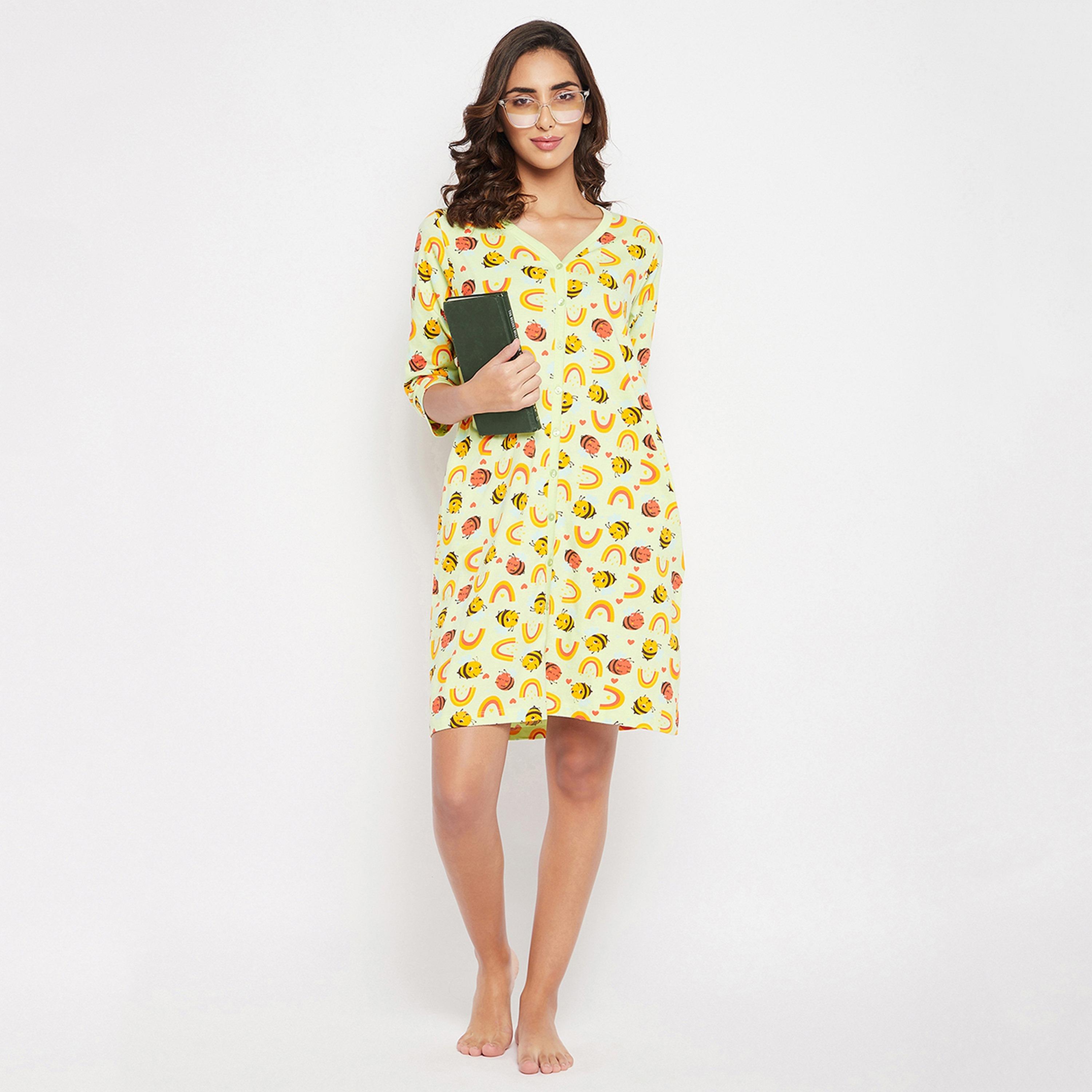 Clovia Bee Print Button Down Women's Short Night Dress in Mint Green - Pure Cotton-women-clothing-nightwear-nighties-image-2