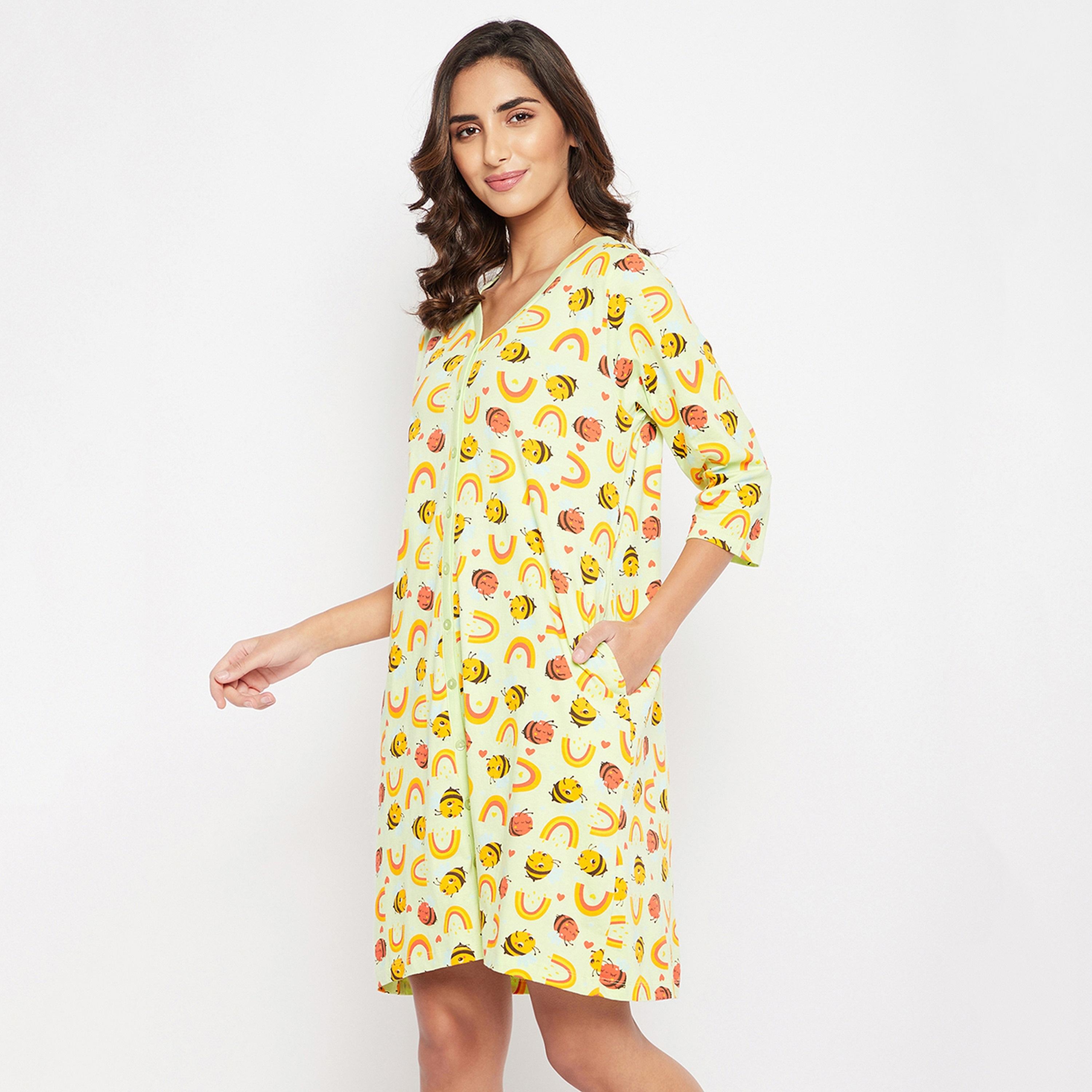 Clovia Bee Print Button Down Women's Short Night Dress in Mint Green - Pure Cotton-women-clothing-nightwear-nighties-image-3