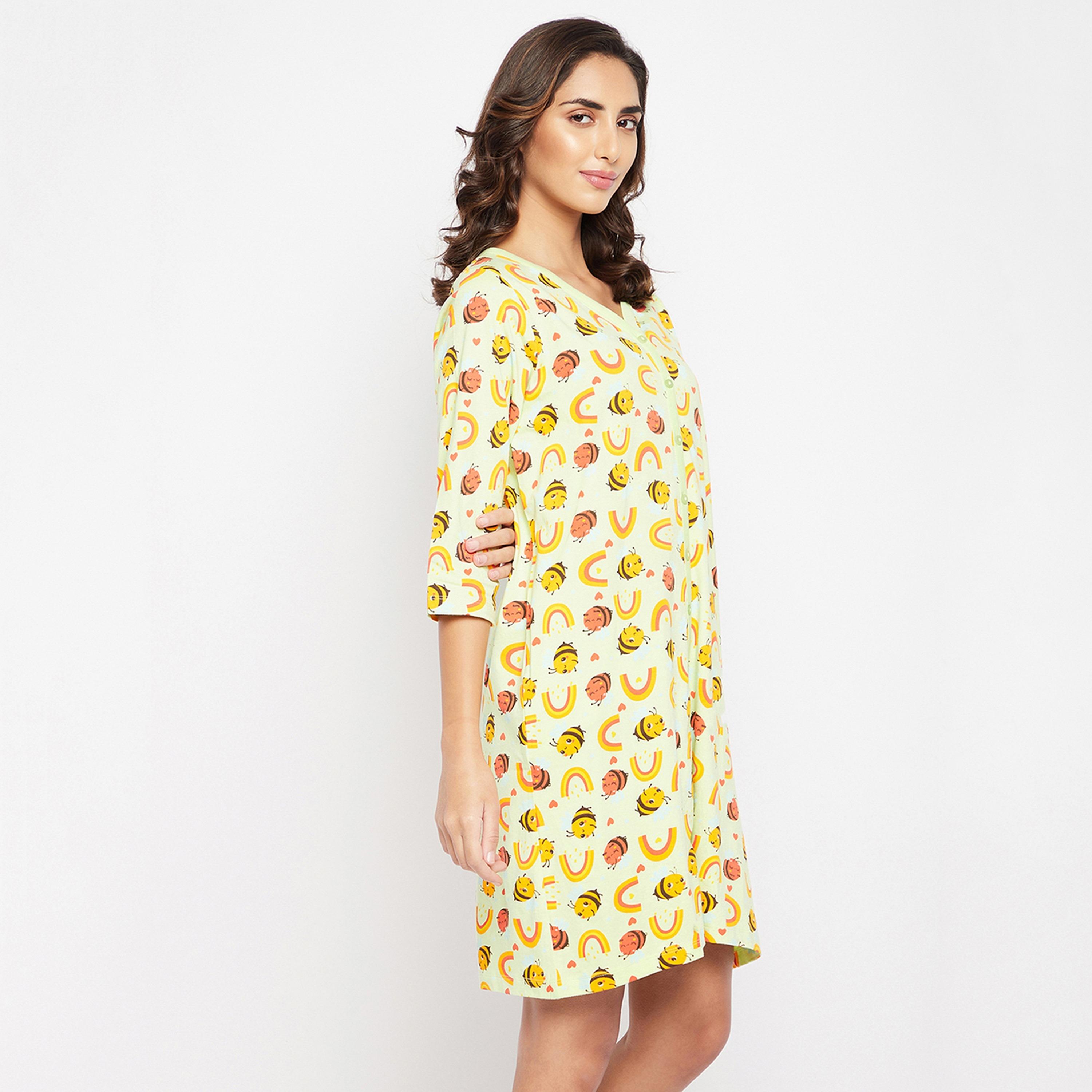 Clovia Bee Print Button Down Women's Short Night Dress in Mint Green - Pure Cotton-women-clothing-nightwear-nighties-image-4