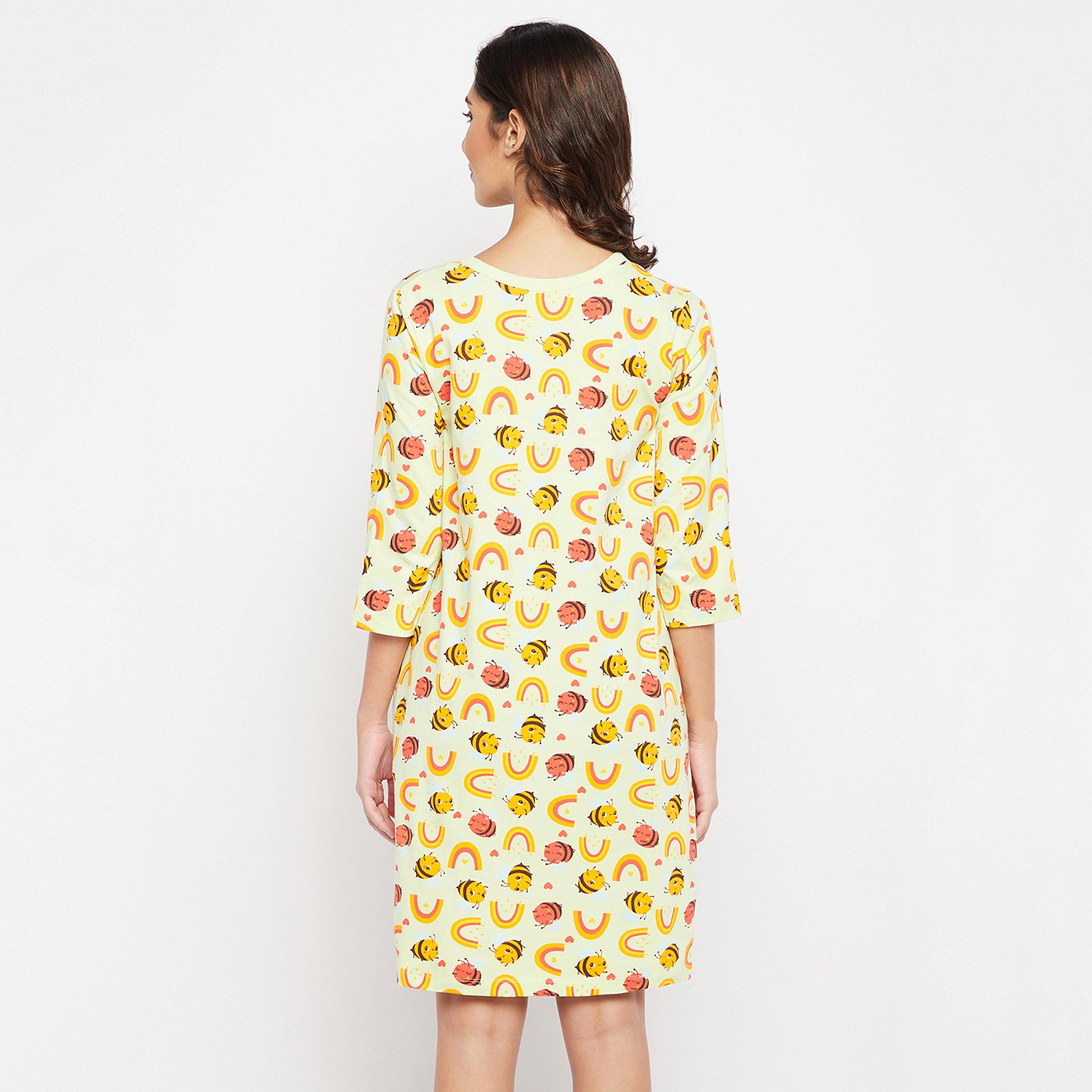 Clovia Bee Print Button Down Women's Short Night Dress in Mint Green - Pure Cotton-women-clothing-nightwear-nighties-image-5