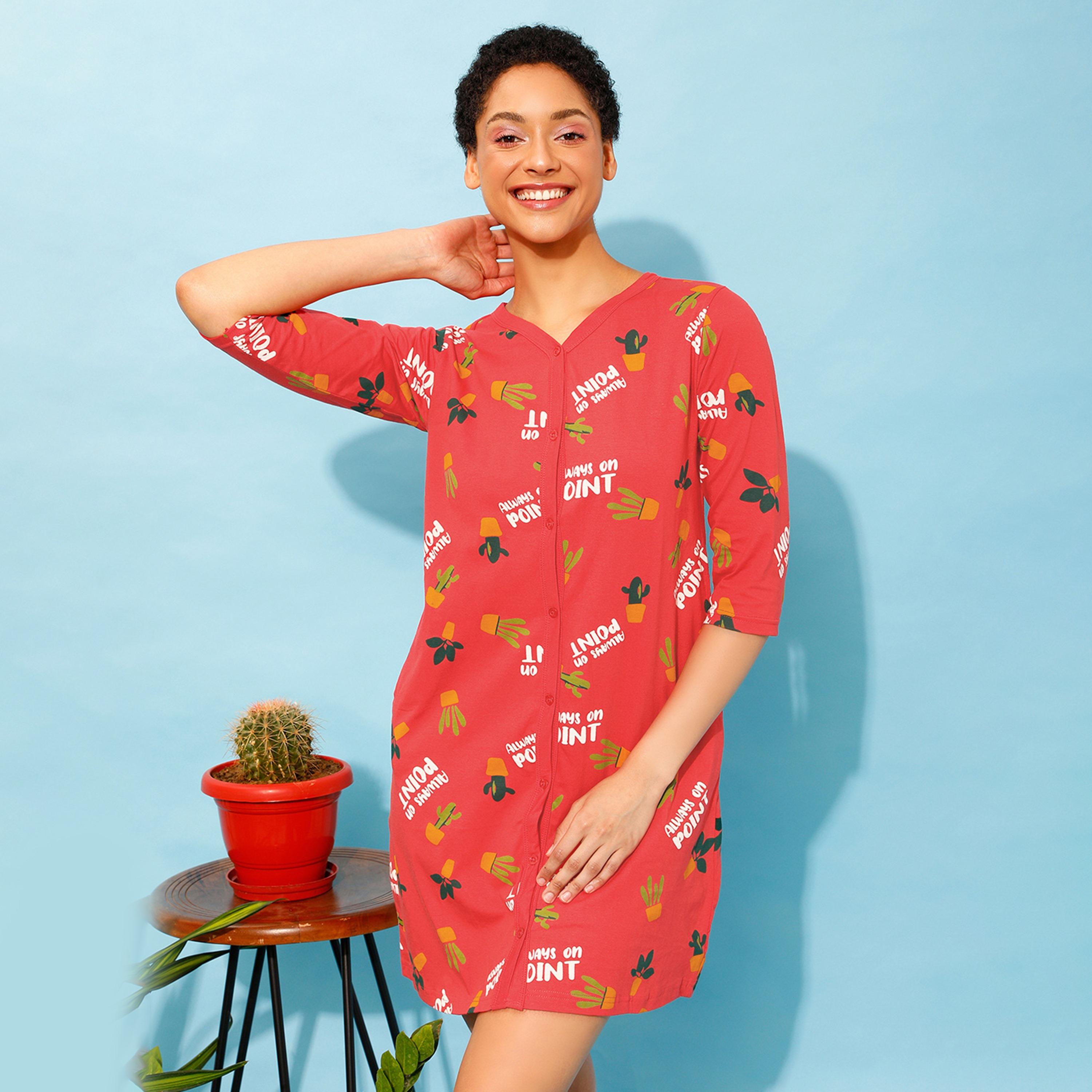 Clovia Cactus Print Button Me Up Women's Night Dress in Coral Red - 100% Cotton-women-clothing-nightwear-nighties-image-1