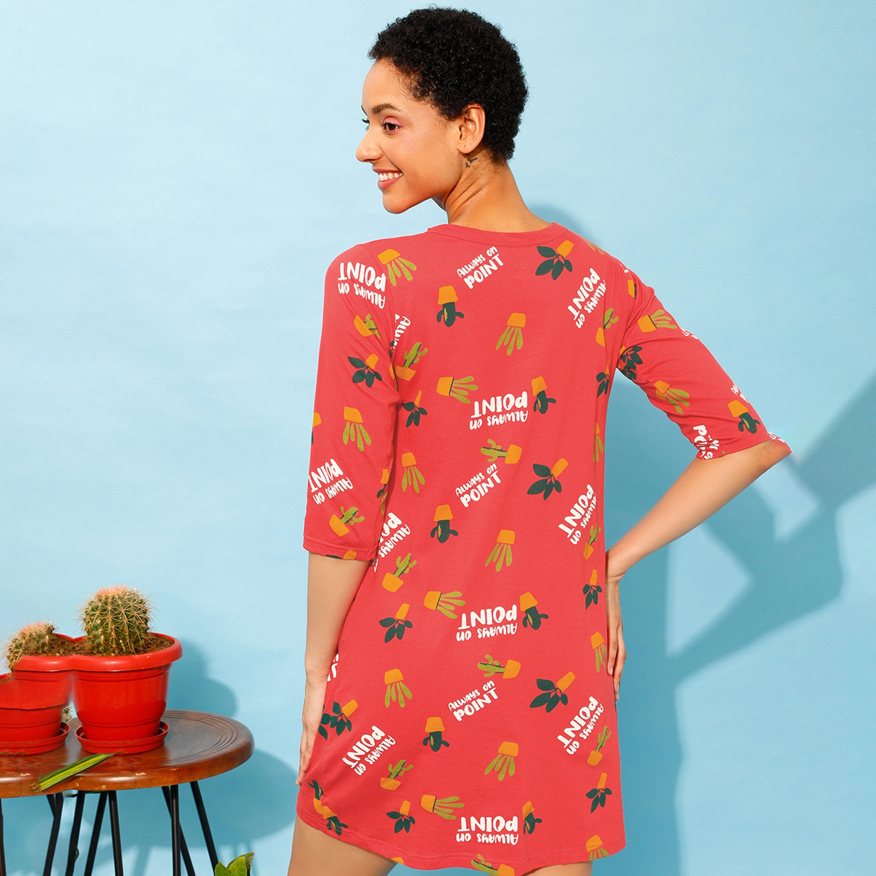 Clovia Cactus Print Button Me Up Women's Night Dress in Coral Red - 100% Cotton-women-clothing-nightwear-nighties-image-4