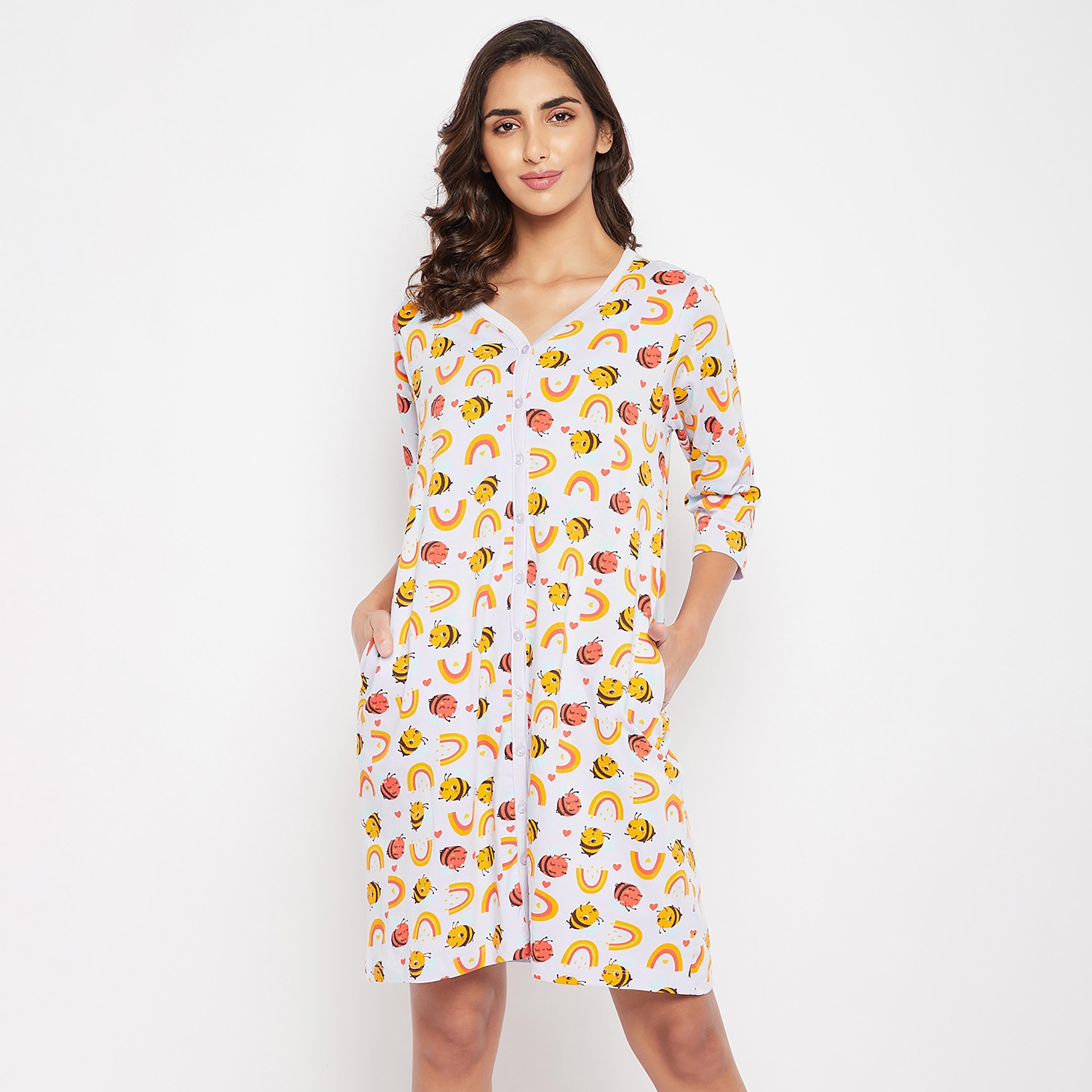 Clovia Printed V-Neck Night Dress with Button Closure-women-clothing-nightwear-nighties-image-2