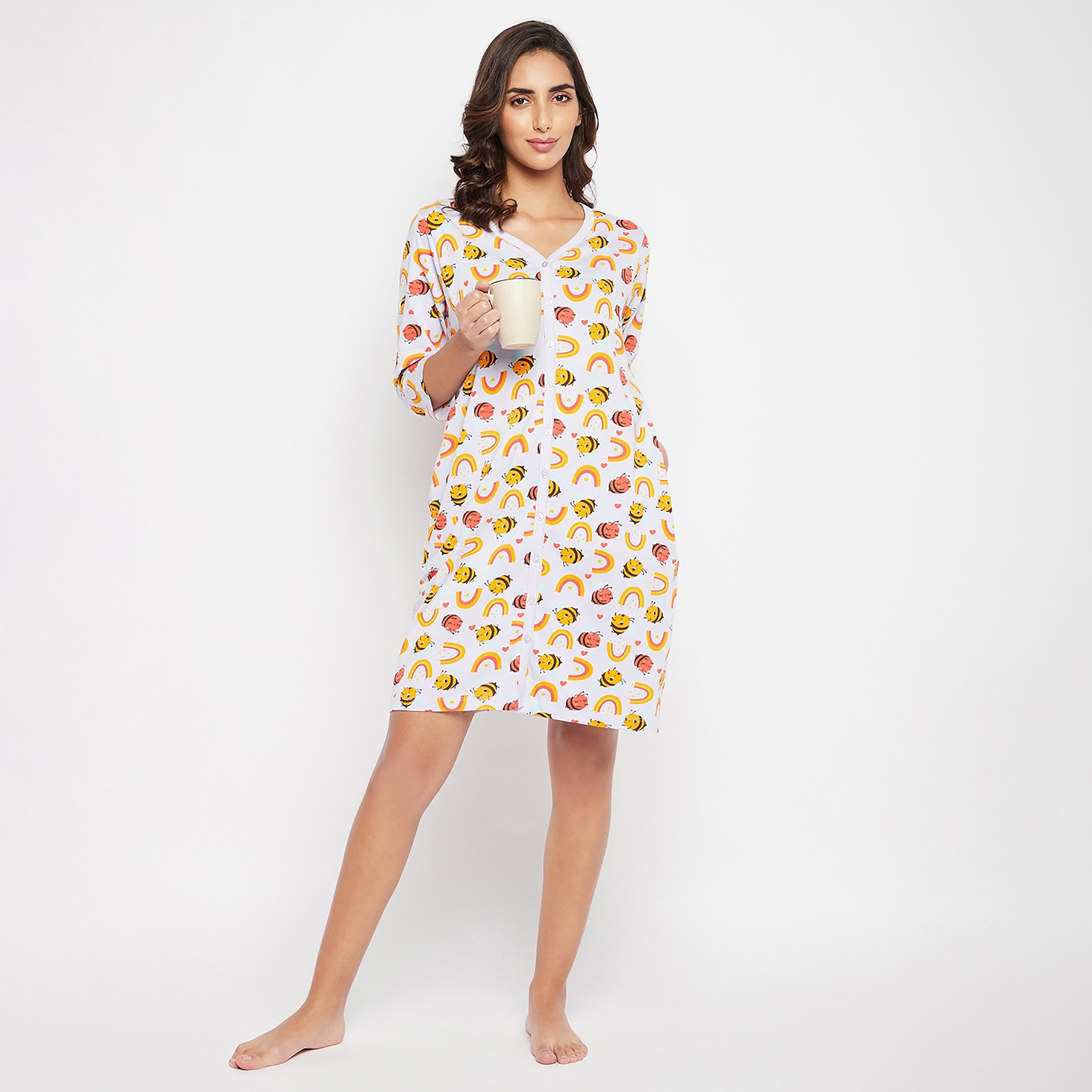 Clovia Printed V-Neck Night Dress with Button Closure-women-clothing-nightwear-nighties-image-3