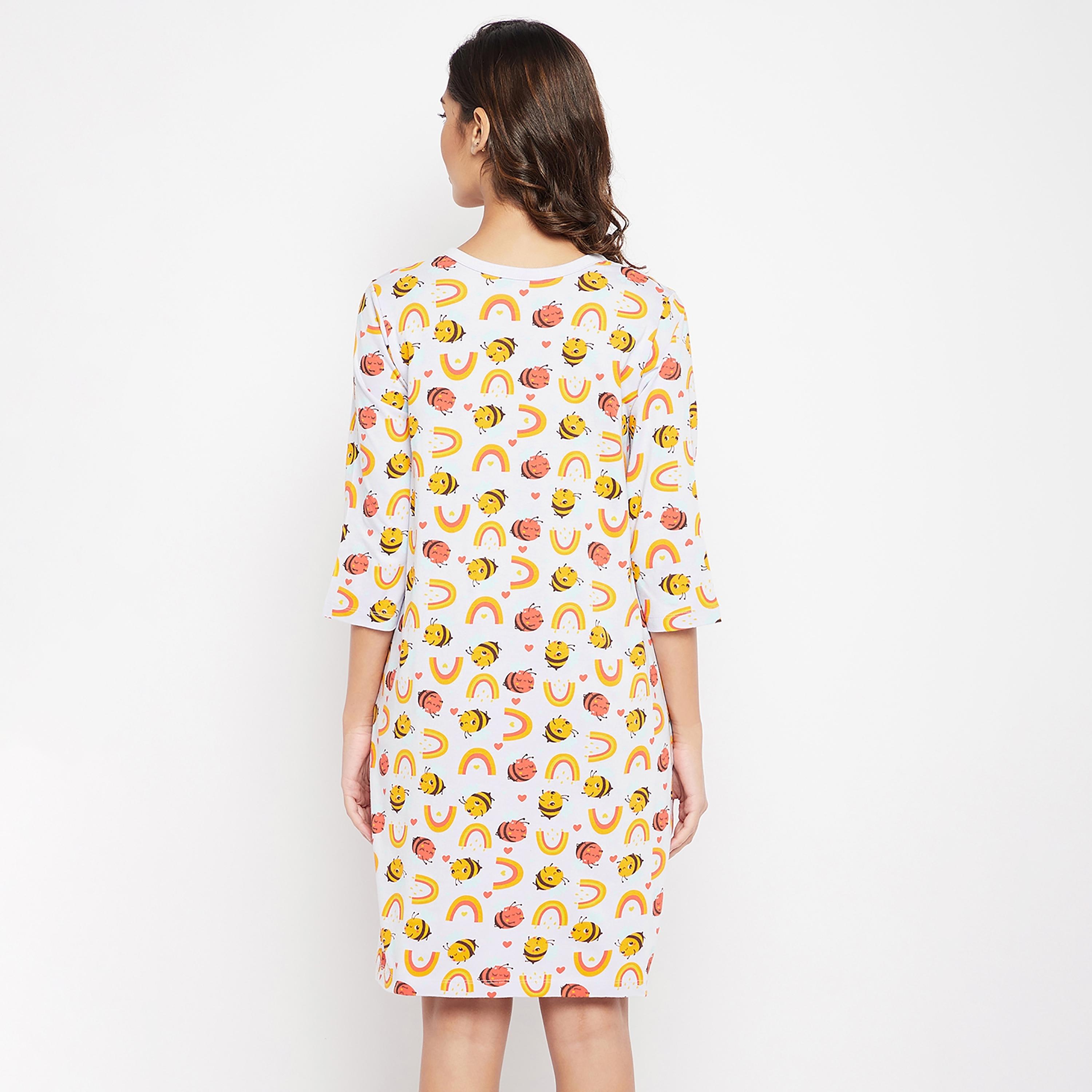 Clovia Printed V-Neck Night Dress with Button Closure-women-clothing-nightwear-nighties-image-5