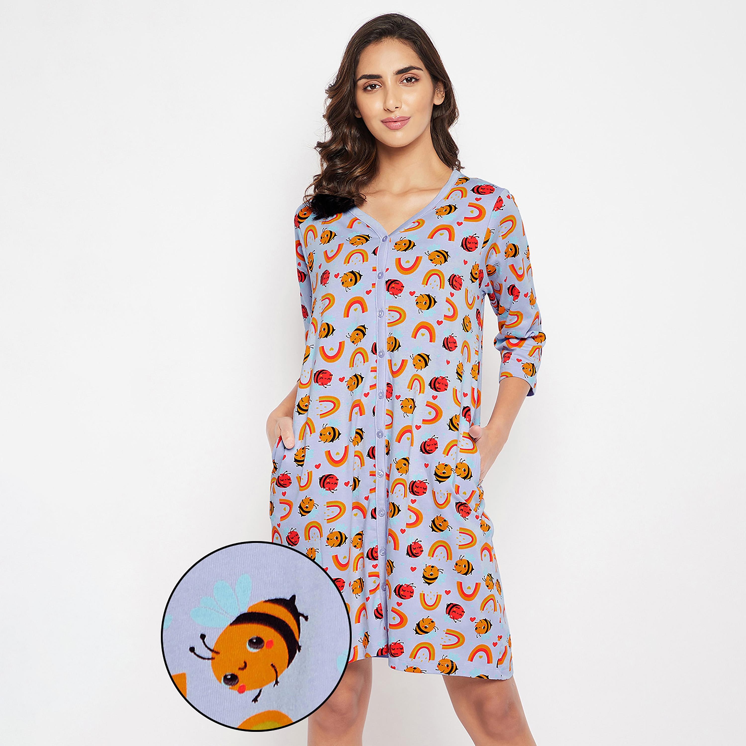 Clovia Printed V-Neck Night Dress with Button Closure-women-clothing-nightwear-nighties-image-1