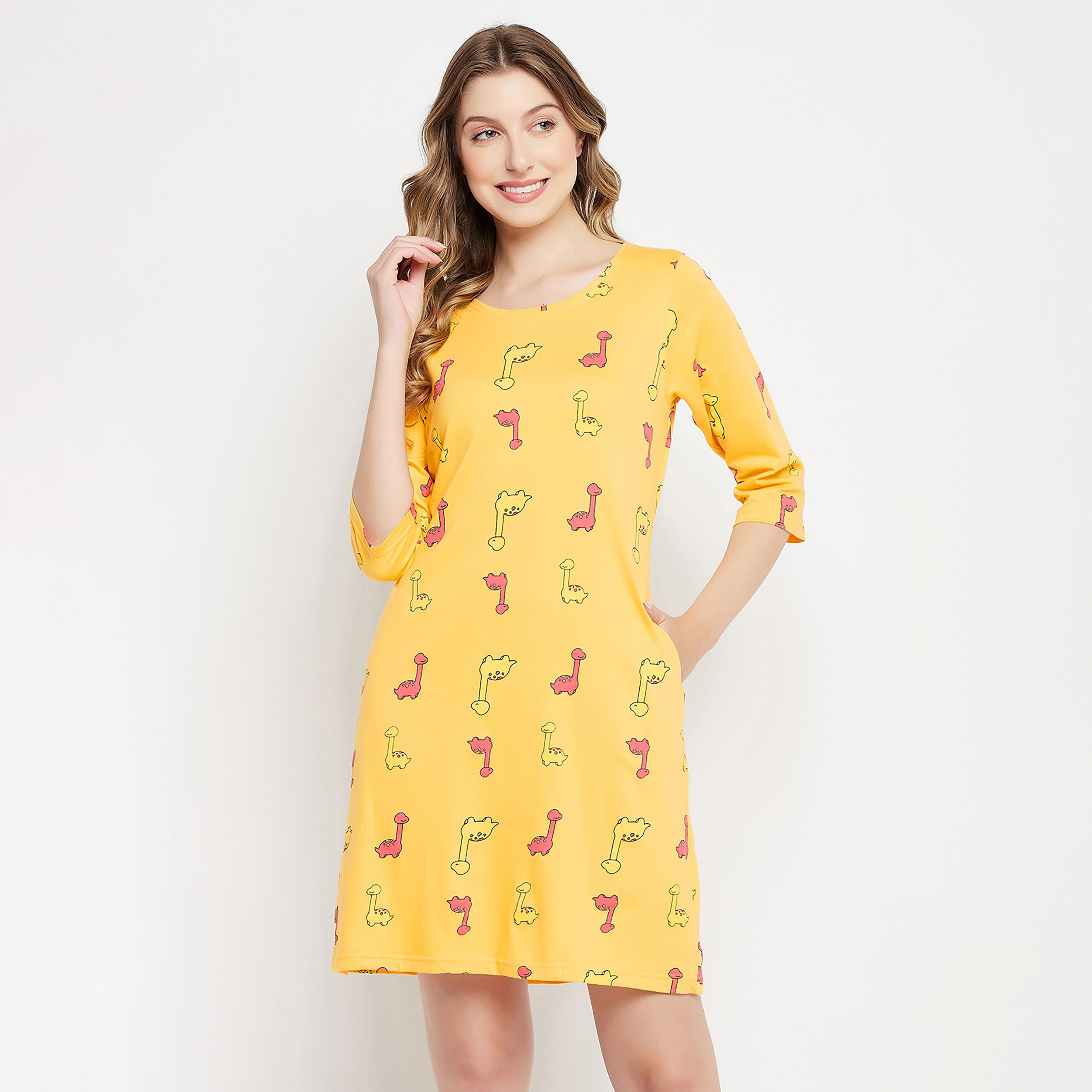 Clovia Printed Round Neck Knee Length Night Dress-women-clothing-nightwear-nighties-image-1