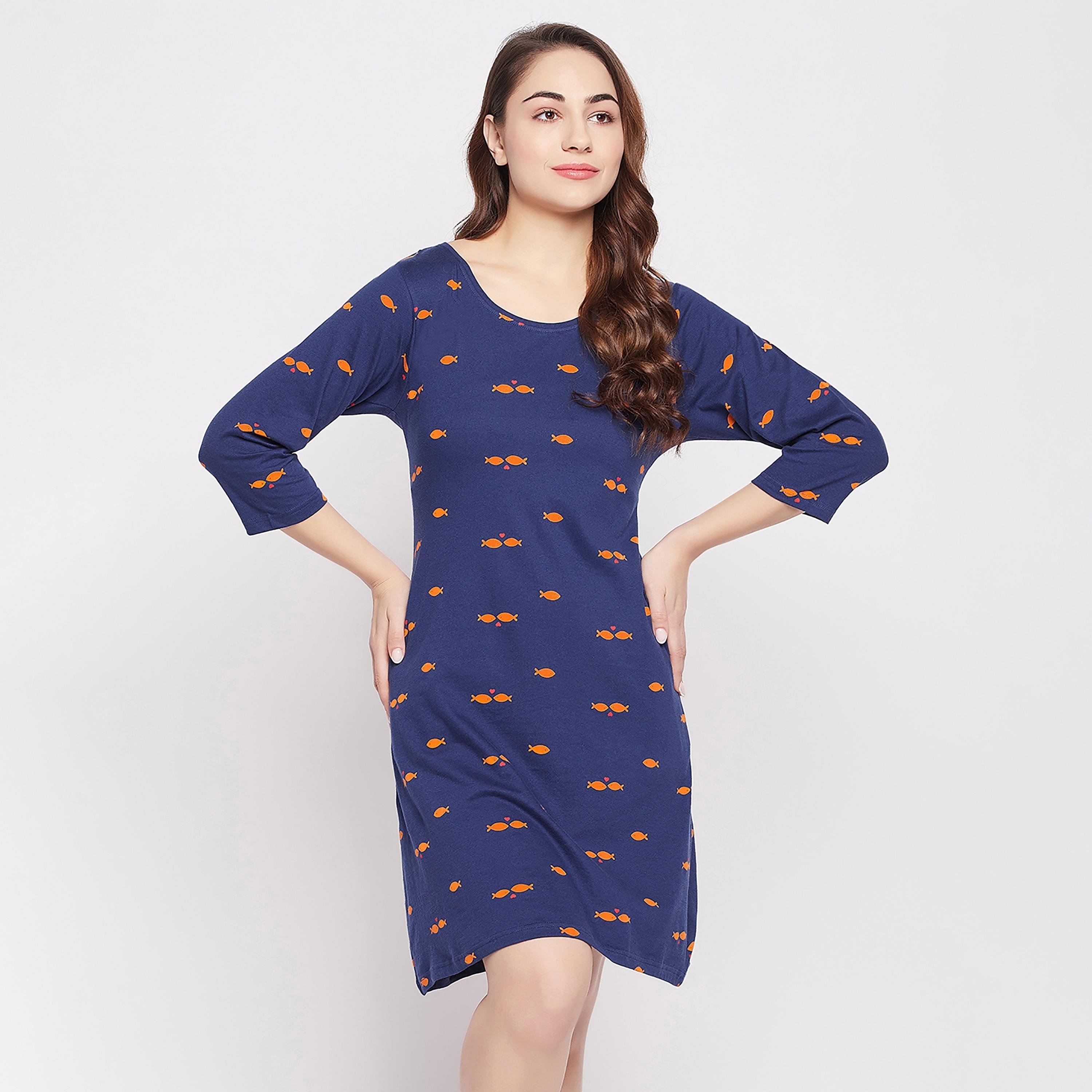Clovia Printed Round Neck Knee Length Night Dress-women-clothing-nightwear-nighties-image-2
