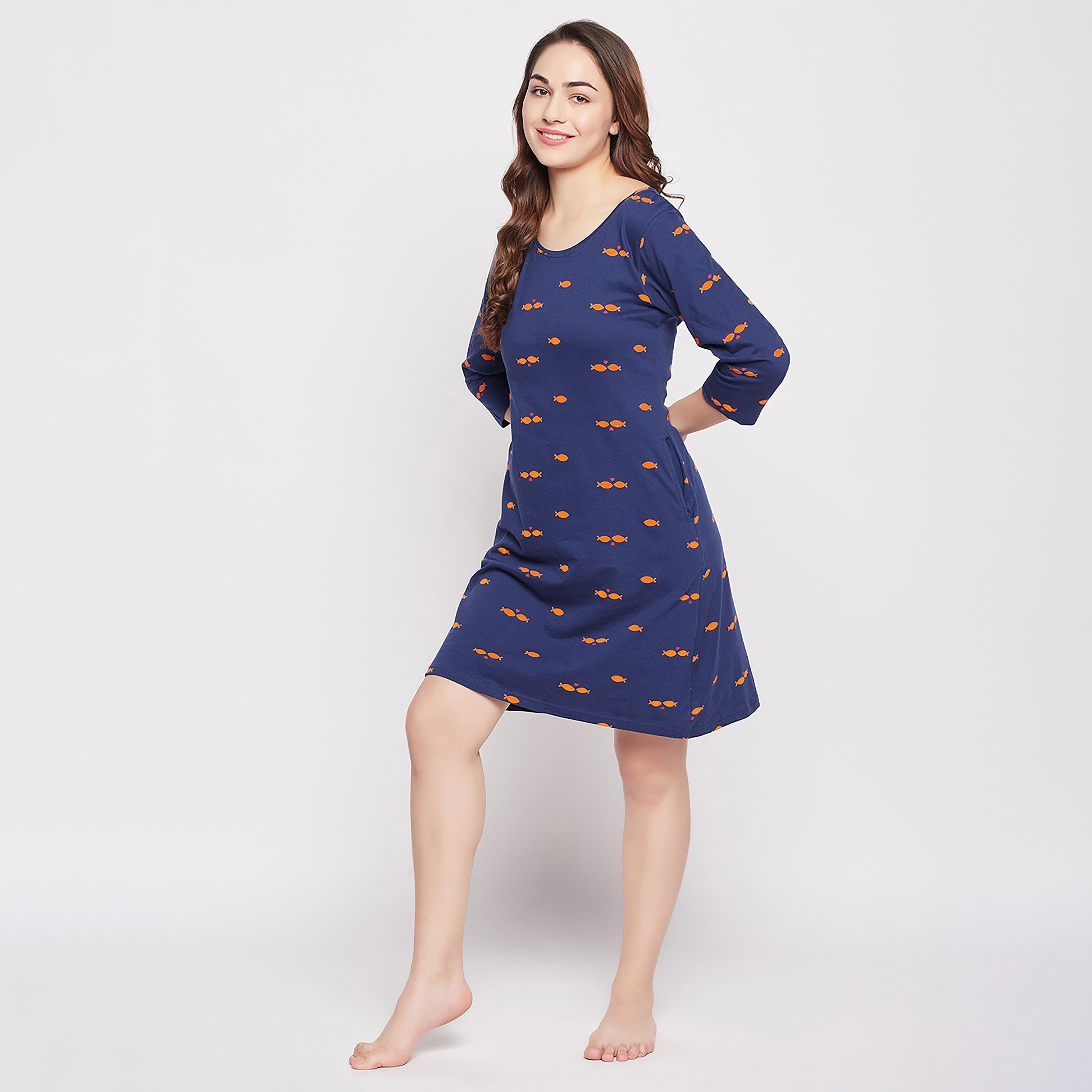 Clovia Printed Round Neck Knee Length Night Dress-women-clothing-nightwear-nighties-image-3