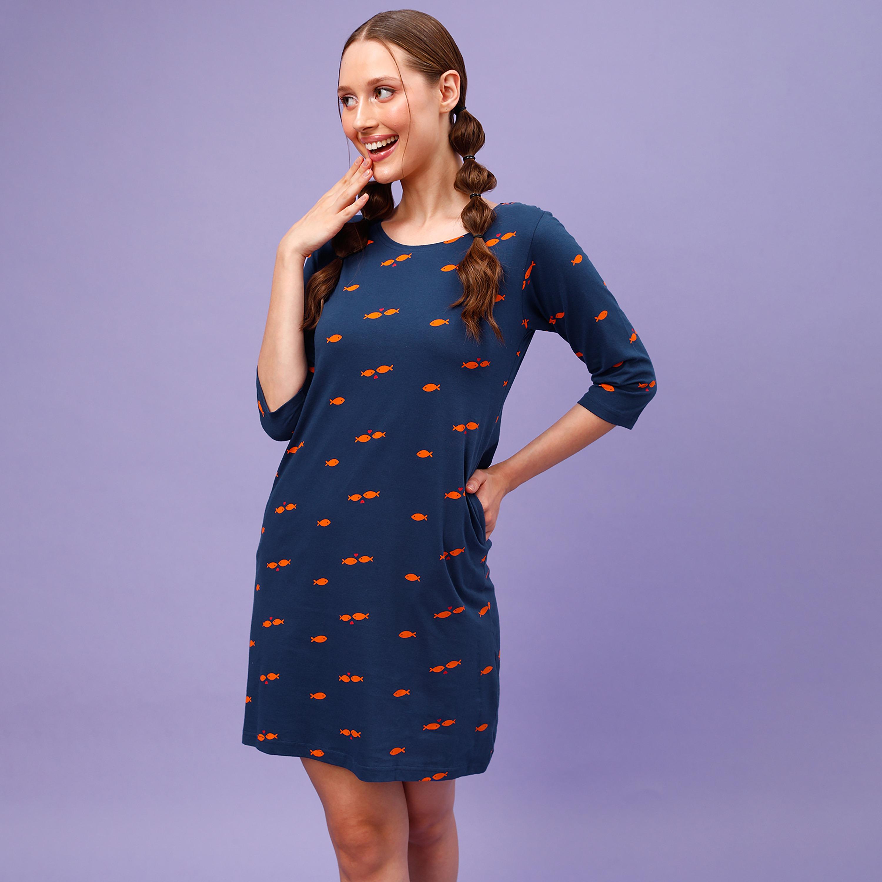 Clovia Printed Round Neck Knee Length Night Dress-women-clothing-nightwear-nighties-image-1
