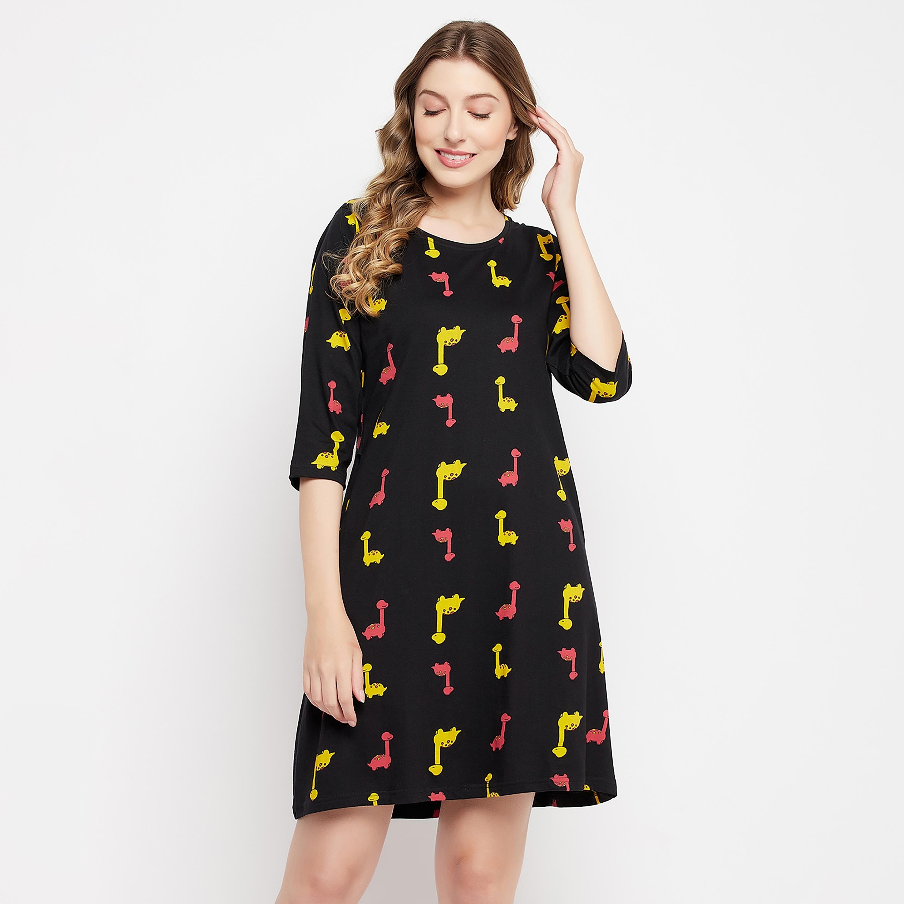 Clovia Printed Round Neck Knee Length Night Dress-women-clothing-nightwear-nighties-image-2