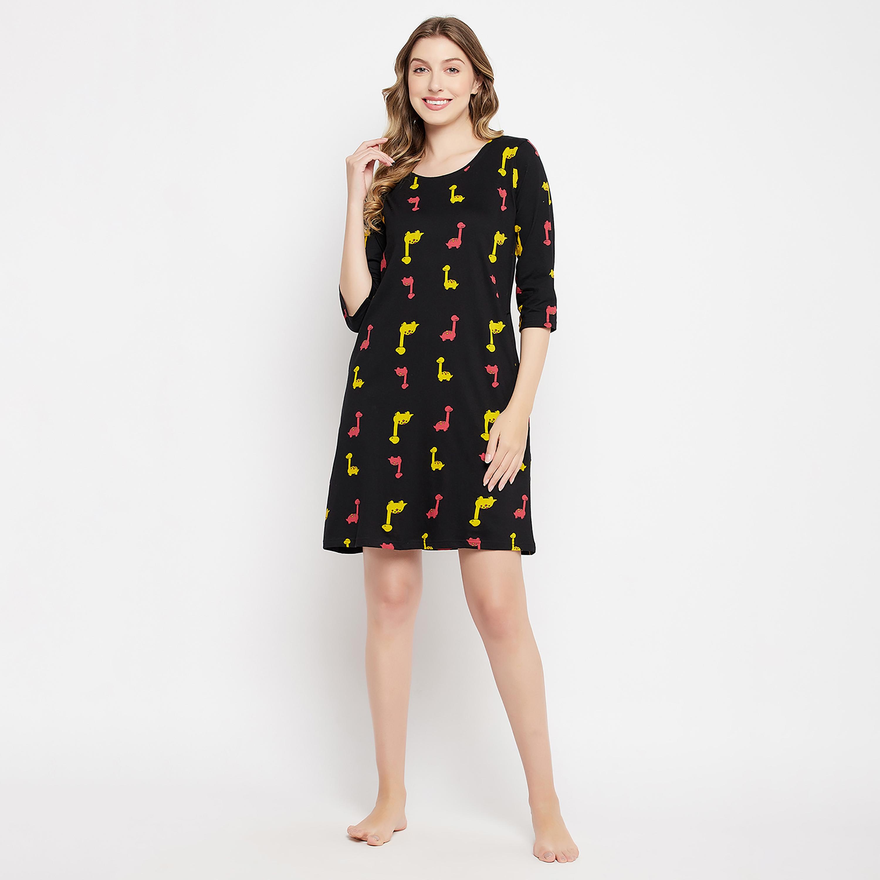 Clovia Printed Round Neck Knee Length Night Dress-women-clothing-nightwear-nighties-image-3
