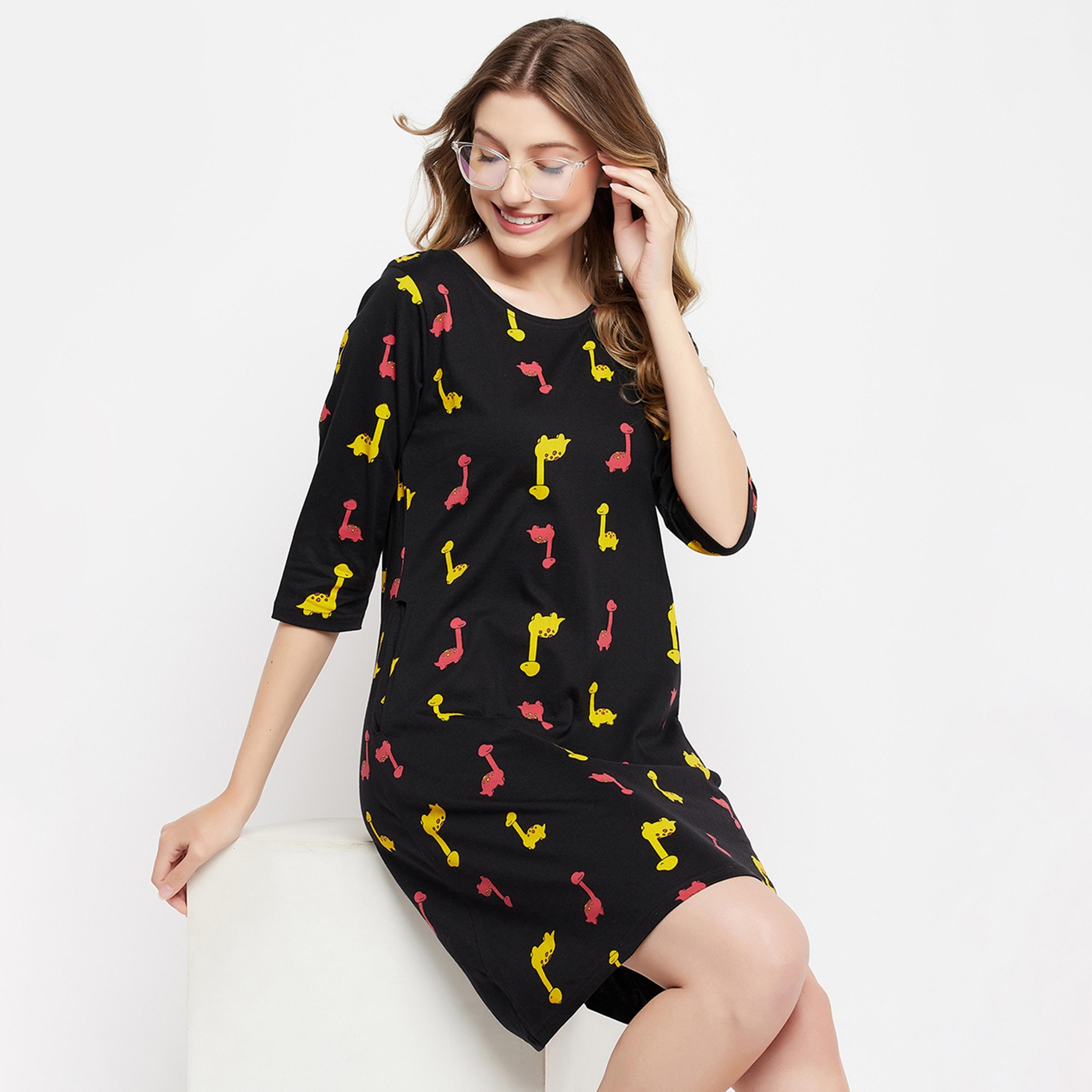 Clovia Printed Round Neck Knee Length Night Dress-women-clothing-nightwear-nighties-image-4
