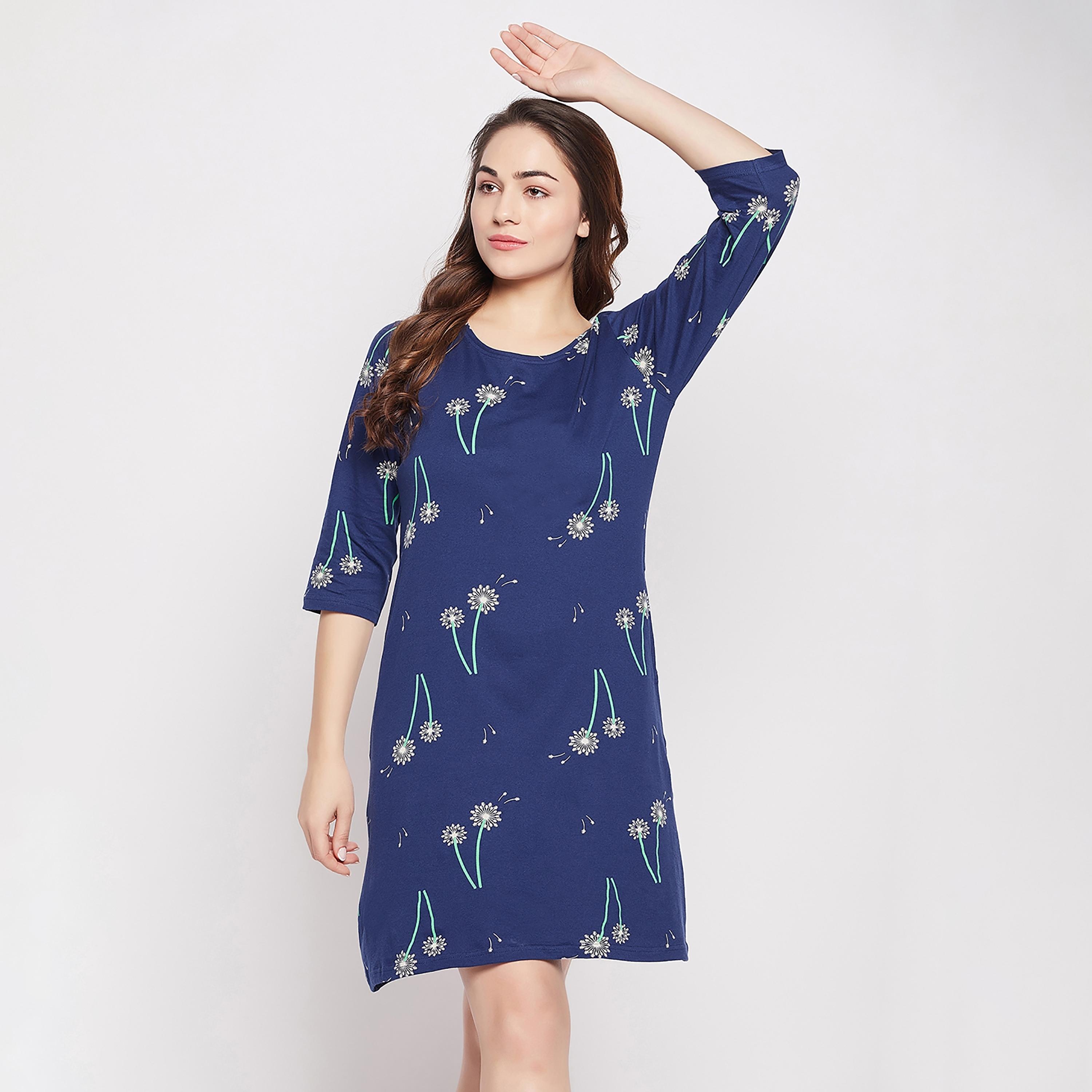 Clovia Printed Round Neck Knee Length Night Dress-women-clothing-nightwear-nighties-image-2
