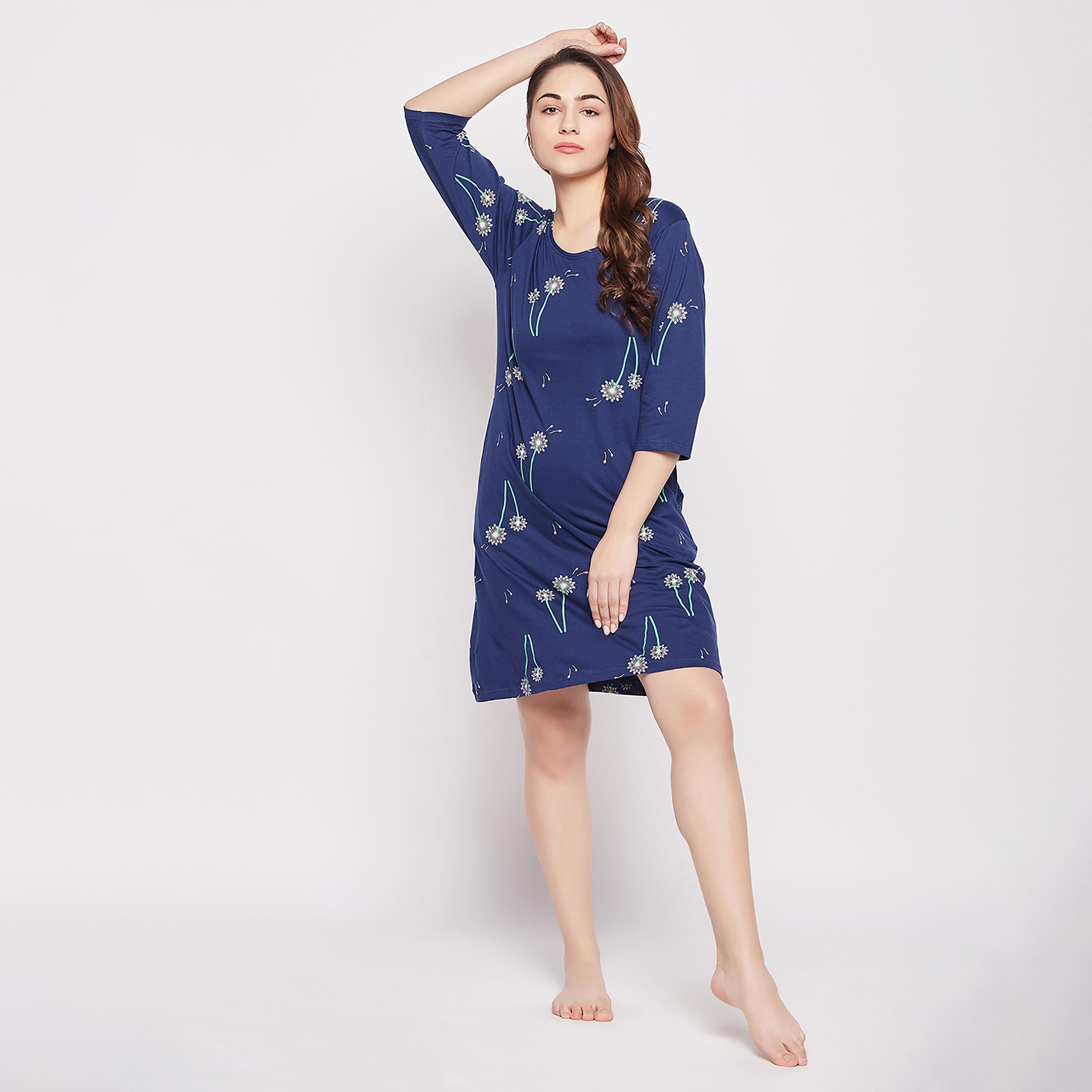 Clovia Printed Round Neck Knee Length Night Dress-women-clothing-nightwear-nighties-image-3