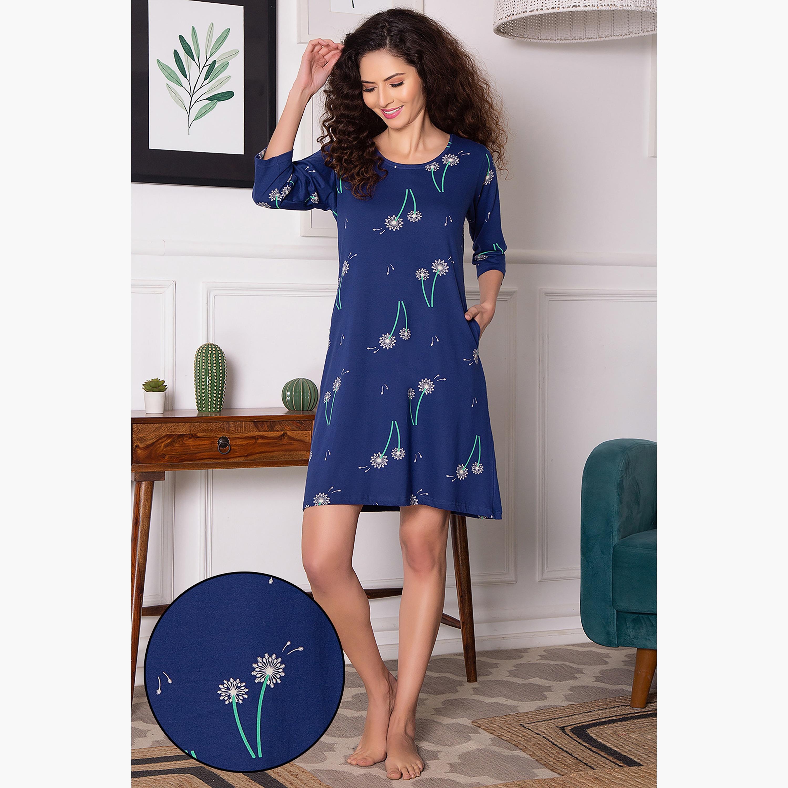 Clovia Printed Round Neck Knee Length Night Dress-women-clothing-nightwear-nighties-image-1