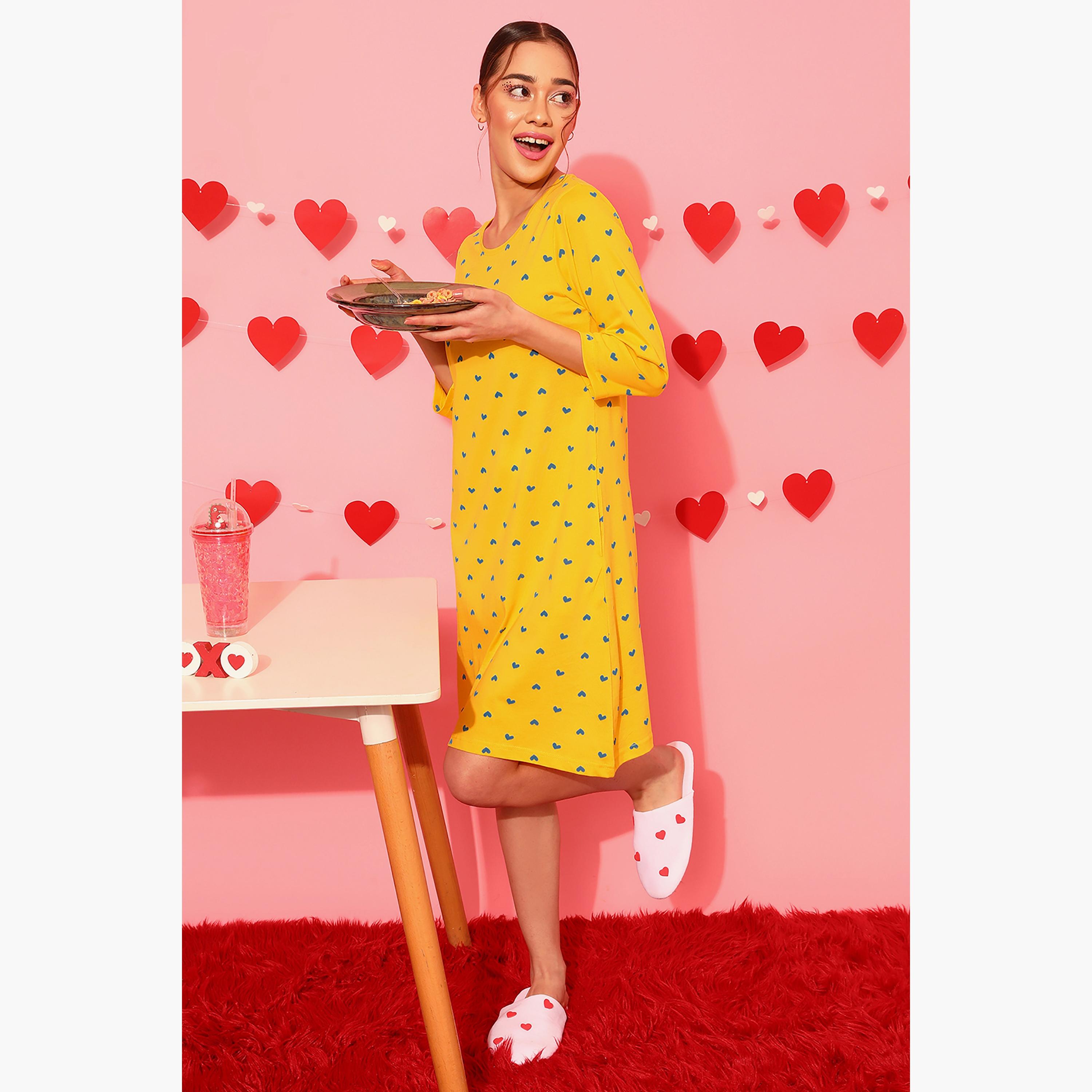 Clovia Printed Round Neck Knee Length Night Dress-women-clothing-nightwear-nighties-image-1
