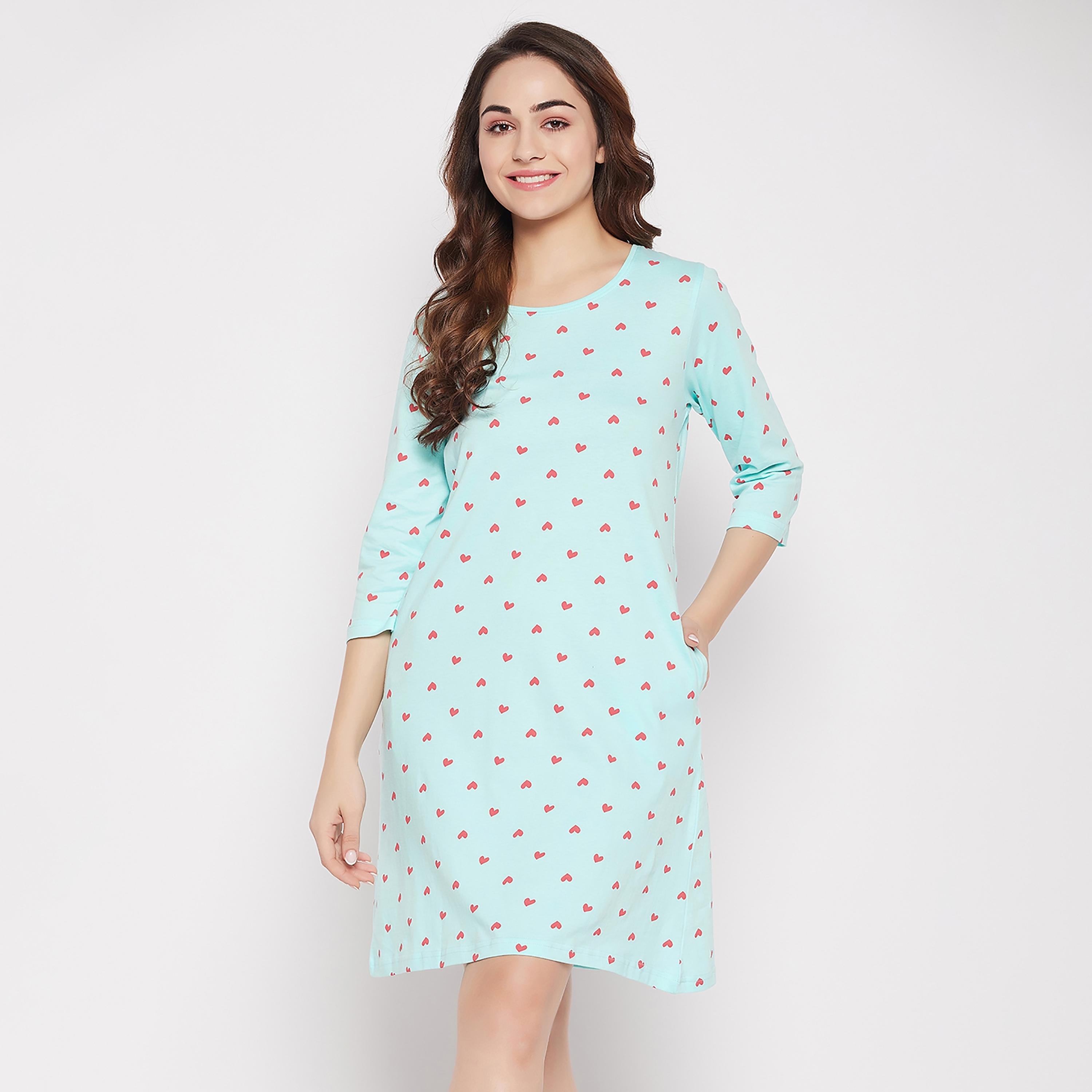 Clovia Printed Round Neck Knee Length Night Dress-women-clothing-nightwear-nighties-image-2