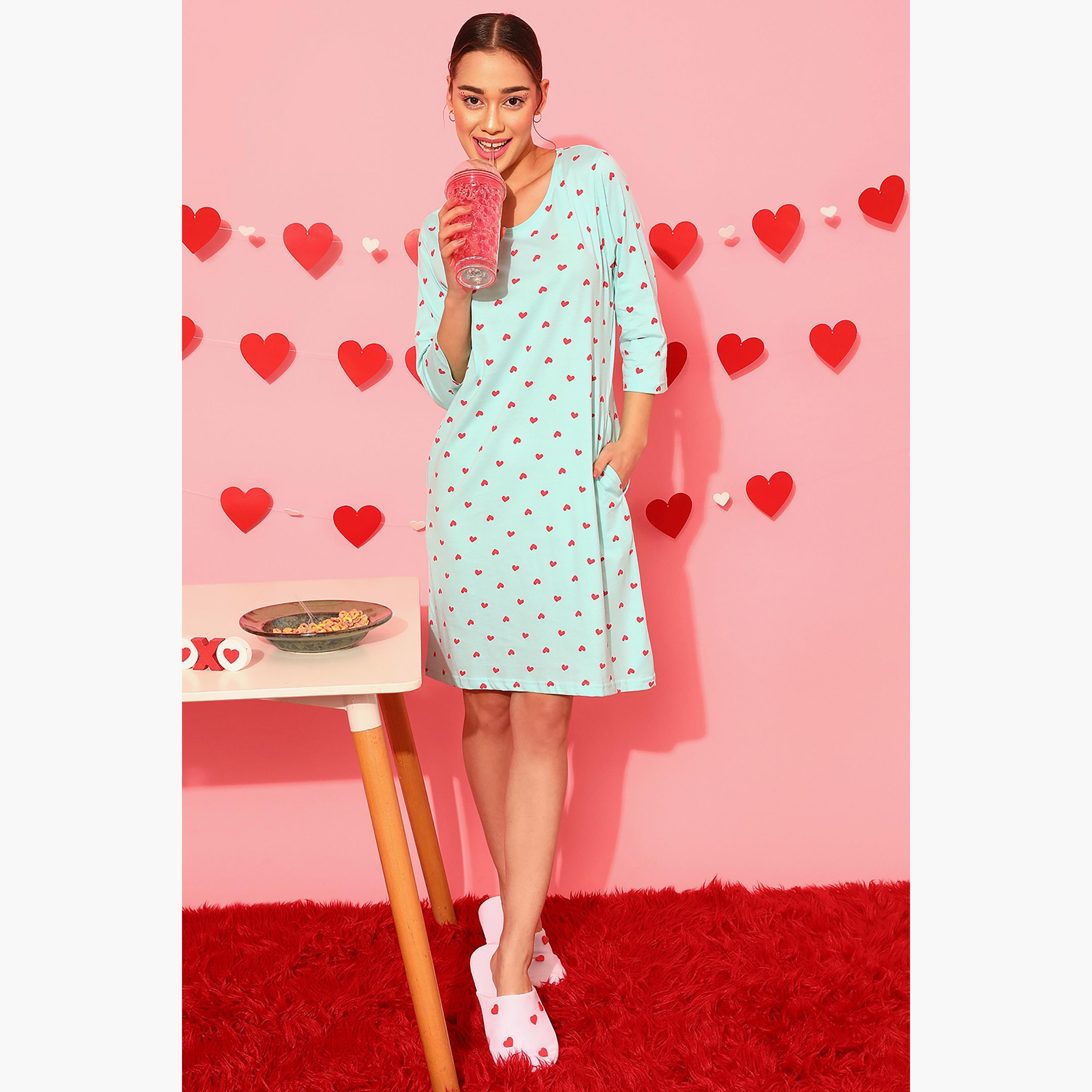 Clovia Printed Round Neck Knee Length Night Dress-women-clothing-nightwear-nighties-image-1
