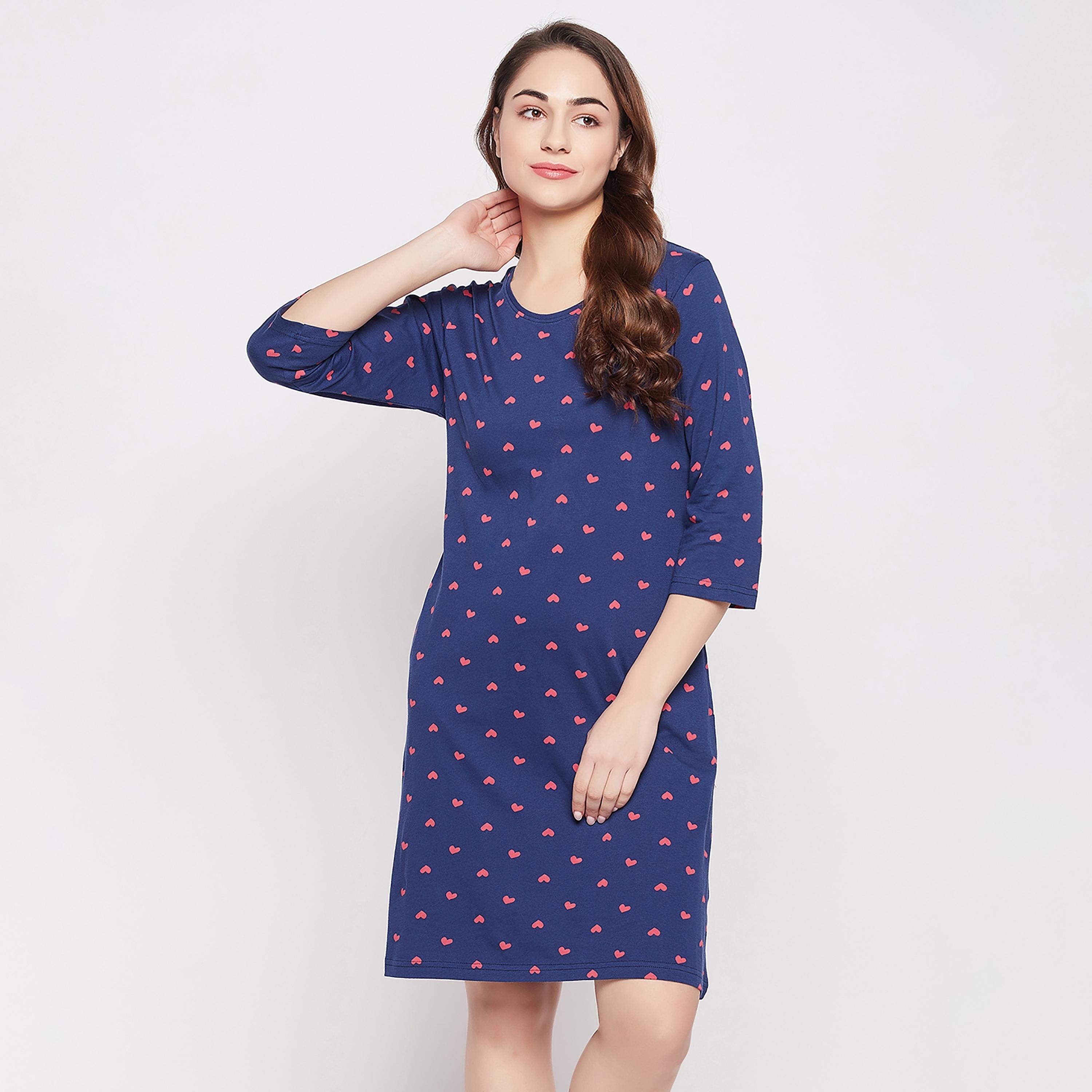 Clovia Printed Round Neck Knee Length Night Dress-women-clothing-nightwear-nighties-image-2