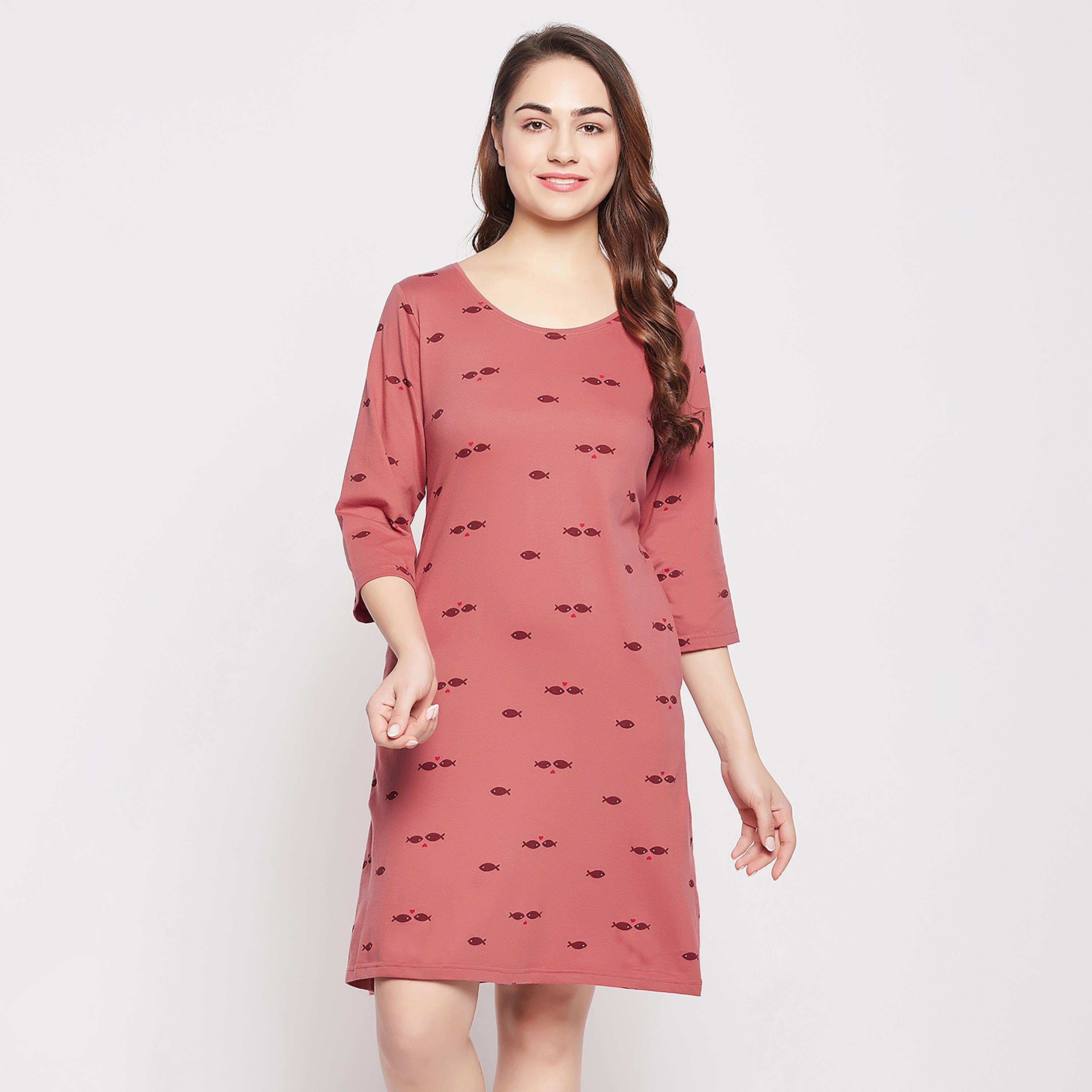 Clovia Printed Round Neck Knee Length Night Dress-women-clothing-nightwear-nighties-image-2