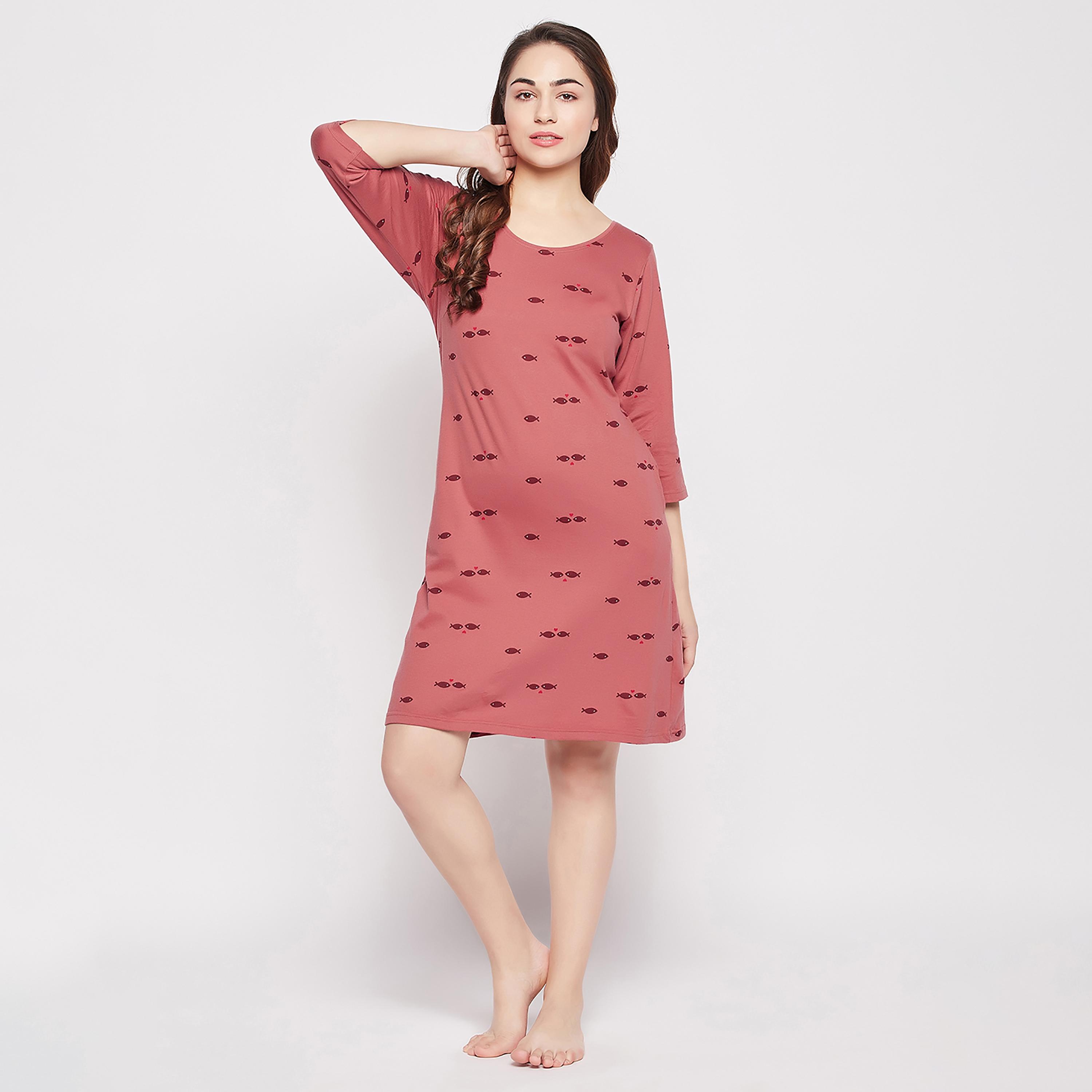 Clovia Printed Round Neck Knee Length Night Dress-women-clothing-nightwear-nighties-image-3