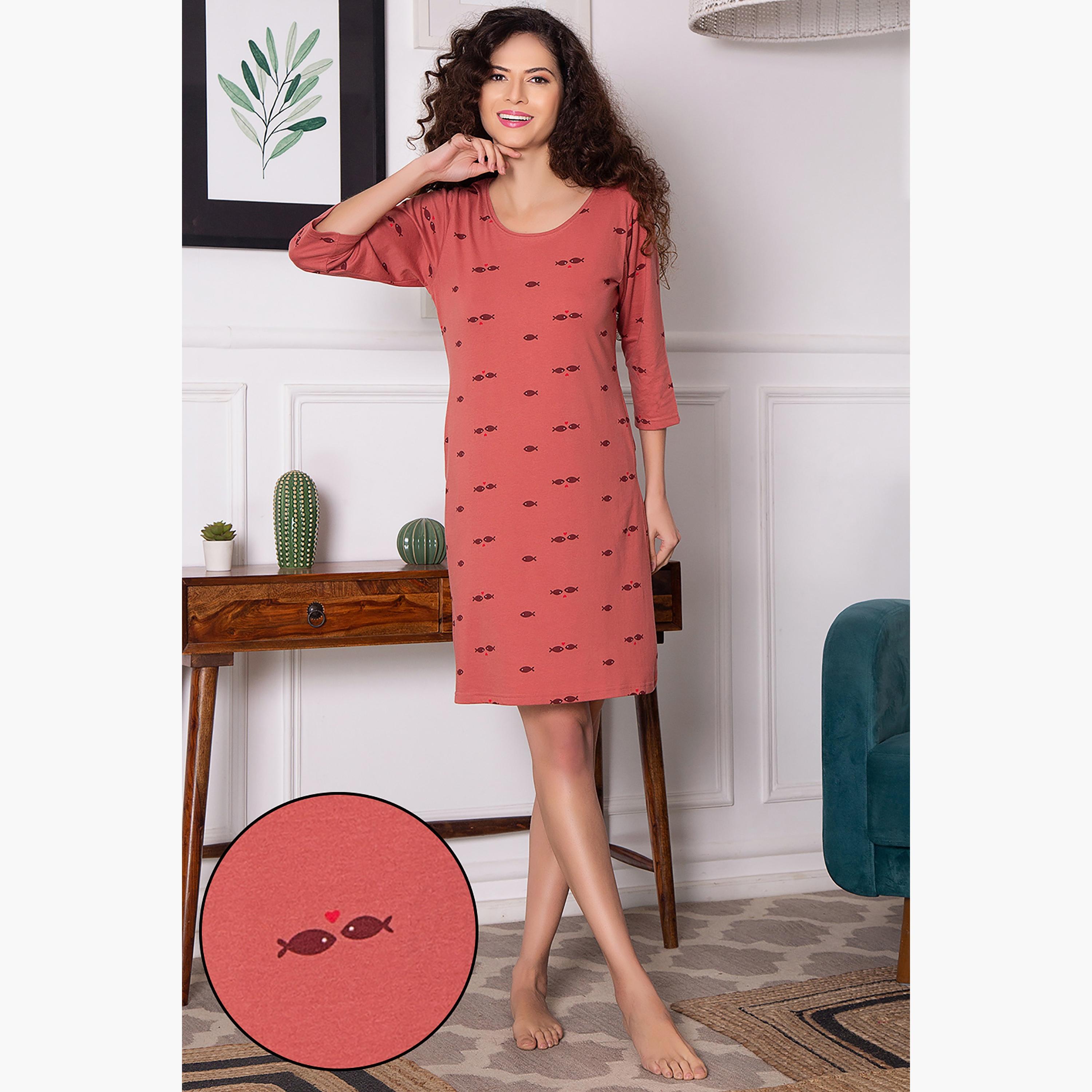 Clovia Printed Round Neck Knee Length Night Dress-women-clothing-nightwear-nighties-image-1