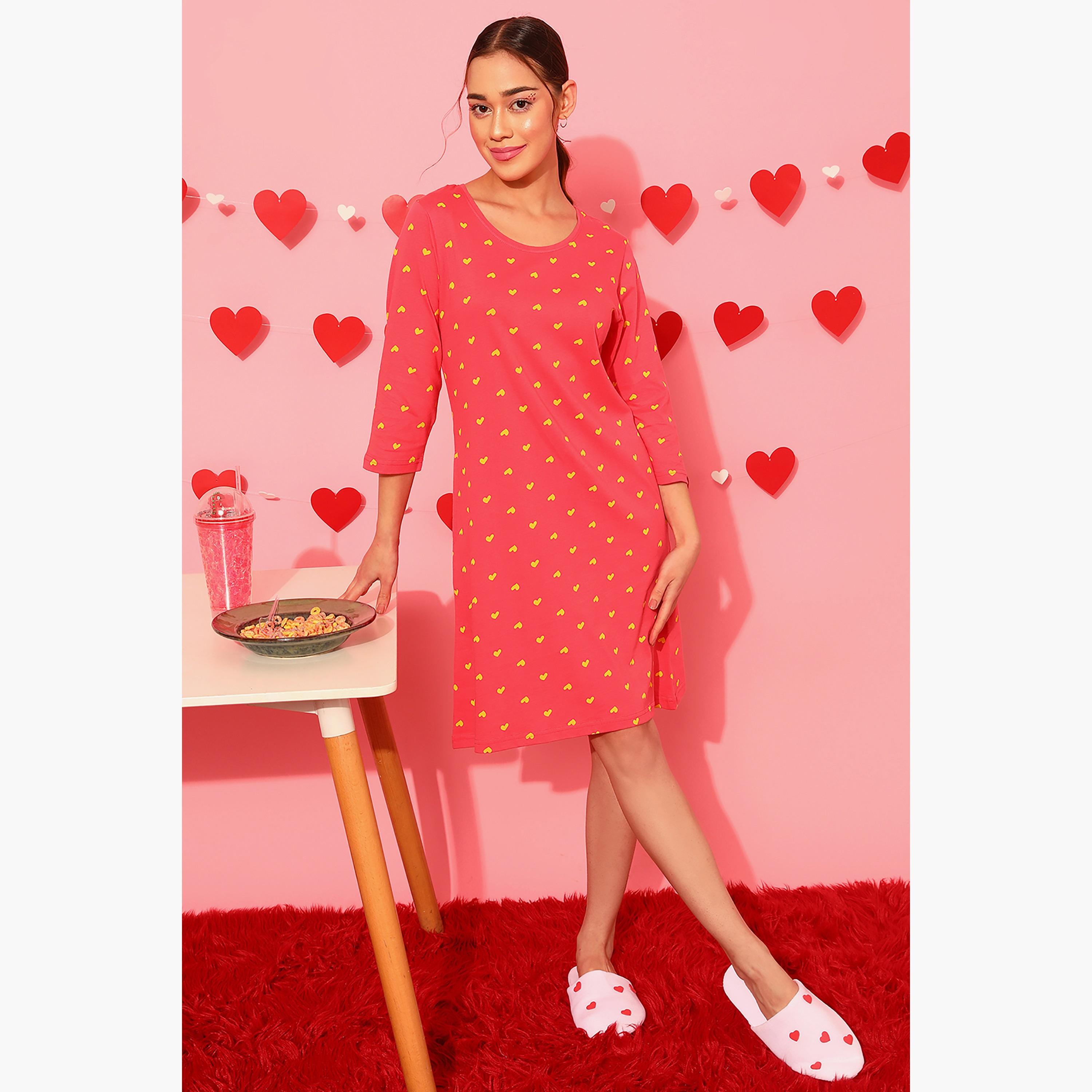 Clovia Printed Round Neck Knee Length Night Dress-women-clothing-nightwear-nighties-image-1