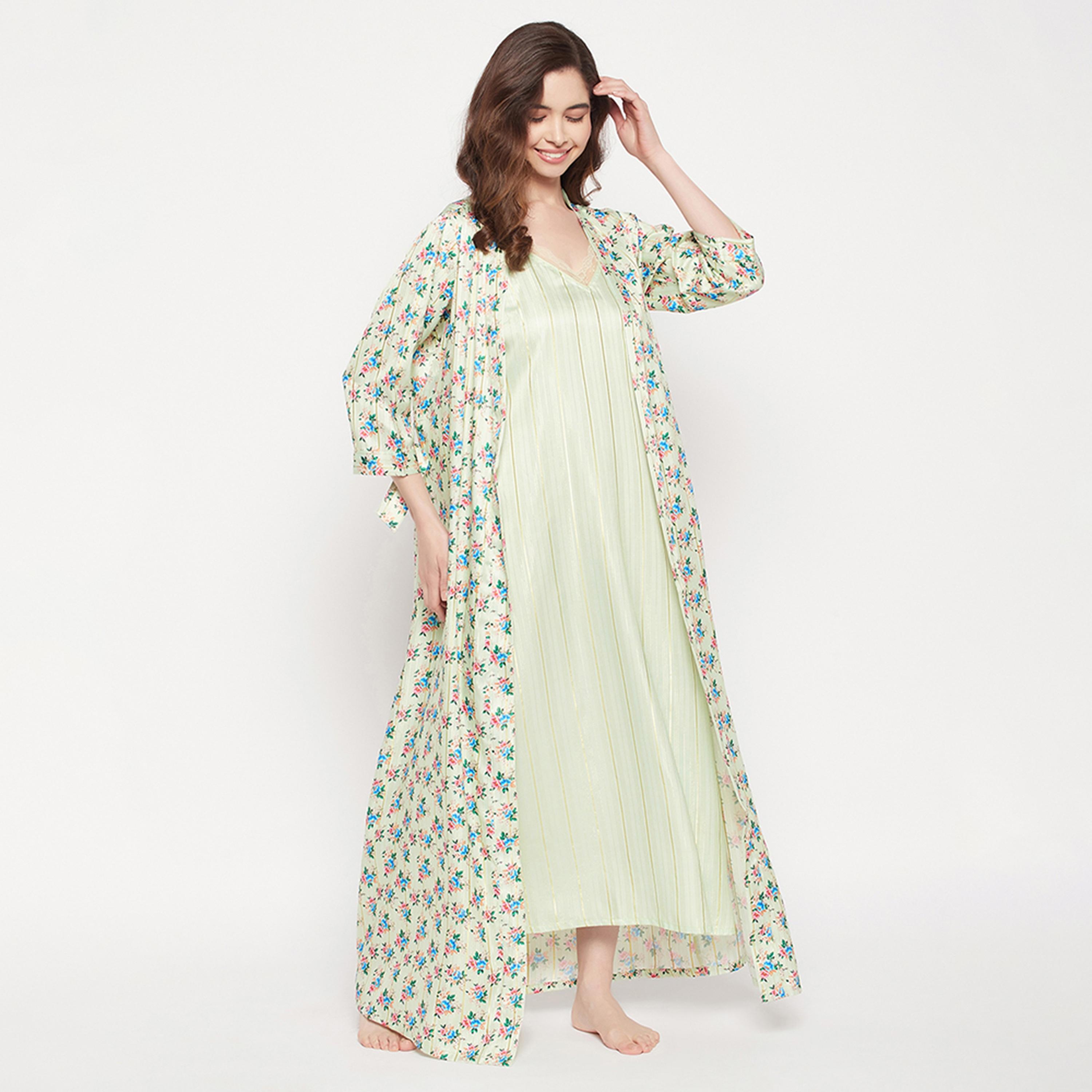 Clovia Chic Basic Long Women's Night Dress & Pretty Florals Robe in Mint Green - Satin-women-clothing-nightwear-robes-image-2