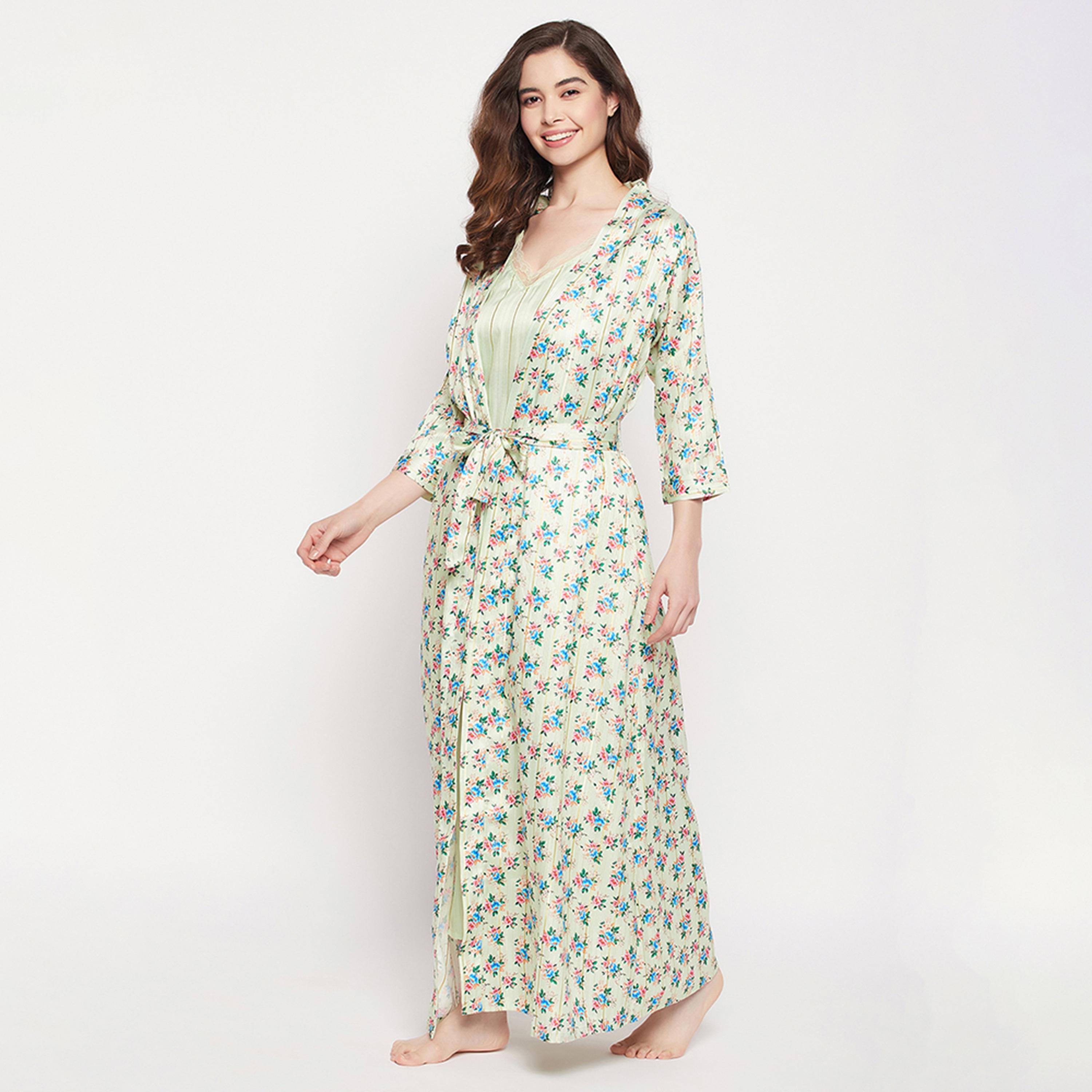 Clovia Chic Basic Long Women's Night Dress & Pretty Florals Robe in Mint Green - Satin-women-clothing-nightwear-robes-image-3