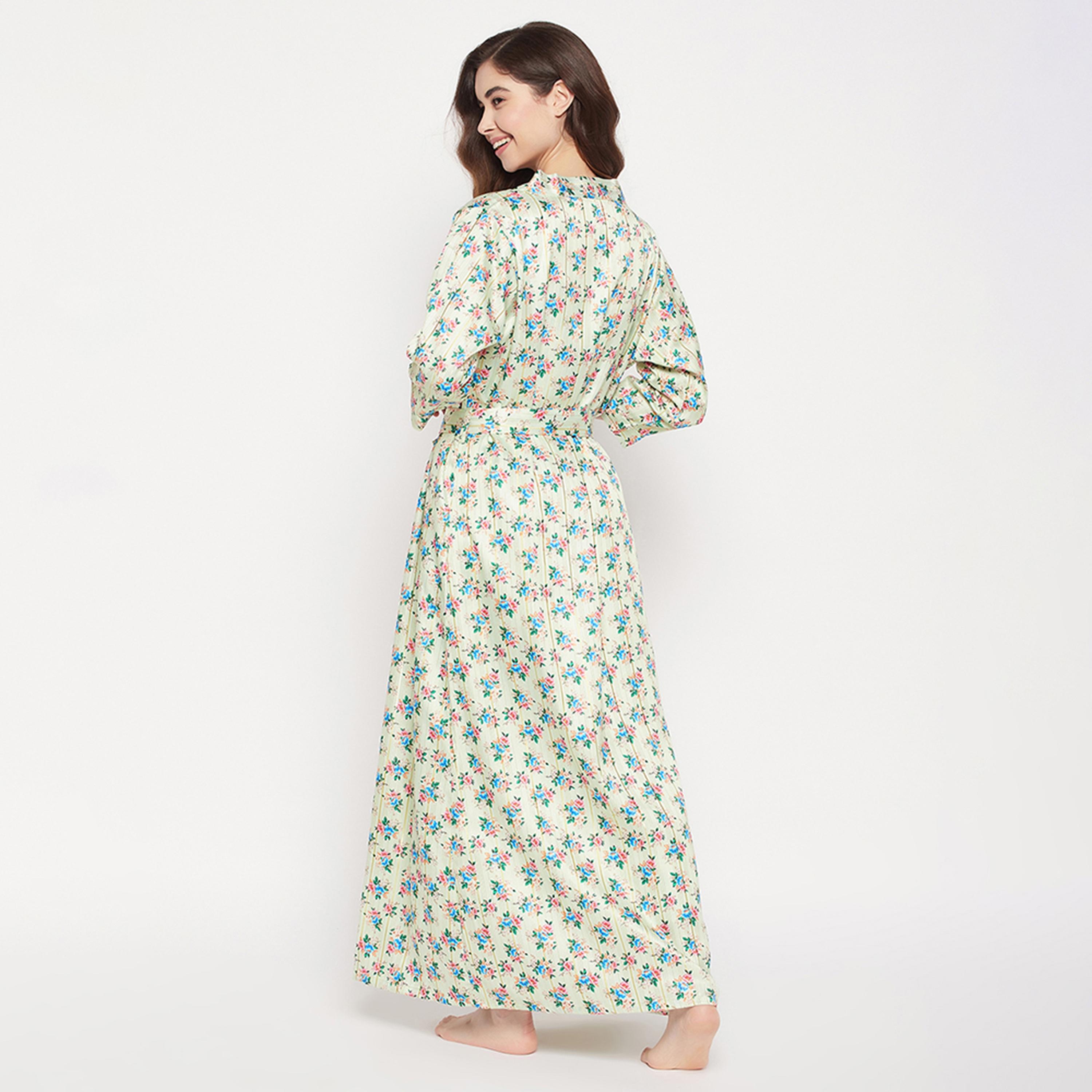 Clovia Chic Basic Long Women's Night Dress & Pretty Florals Robe in Mint Green - Satin-women-clothing-nightwear-robes-image-5