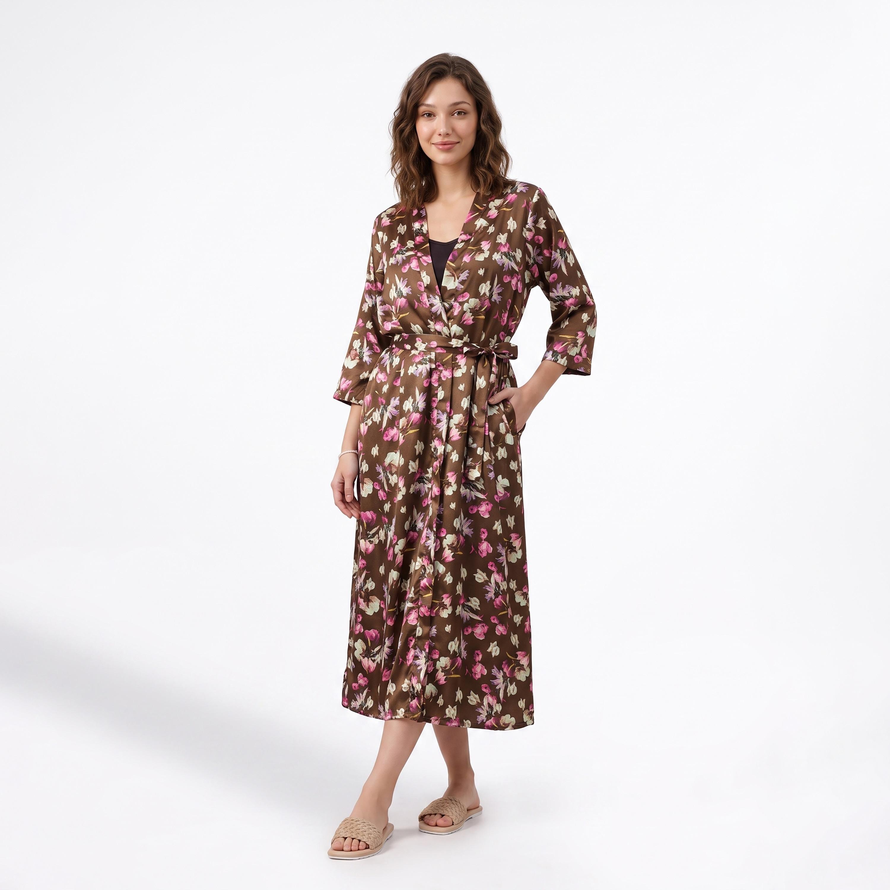 طقم قميص نوم طويل (نايتي) وروب من الساتان باللون النبيذي للنساء من كلوفيا-women-clothing-nightwear-robes-image-1