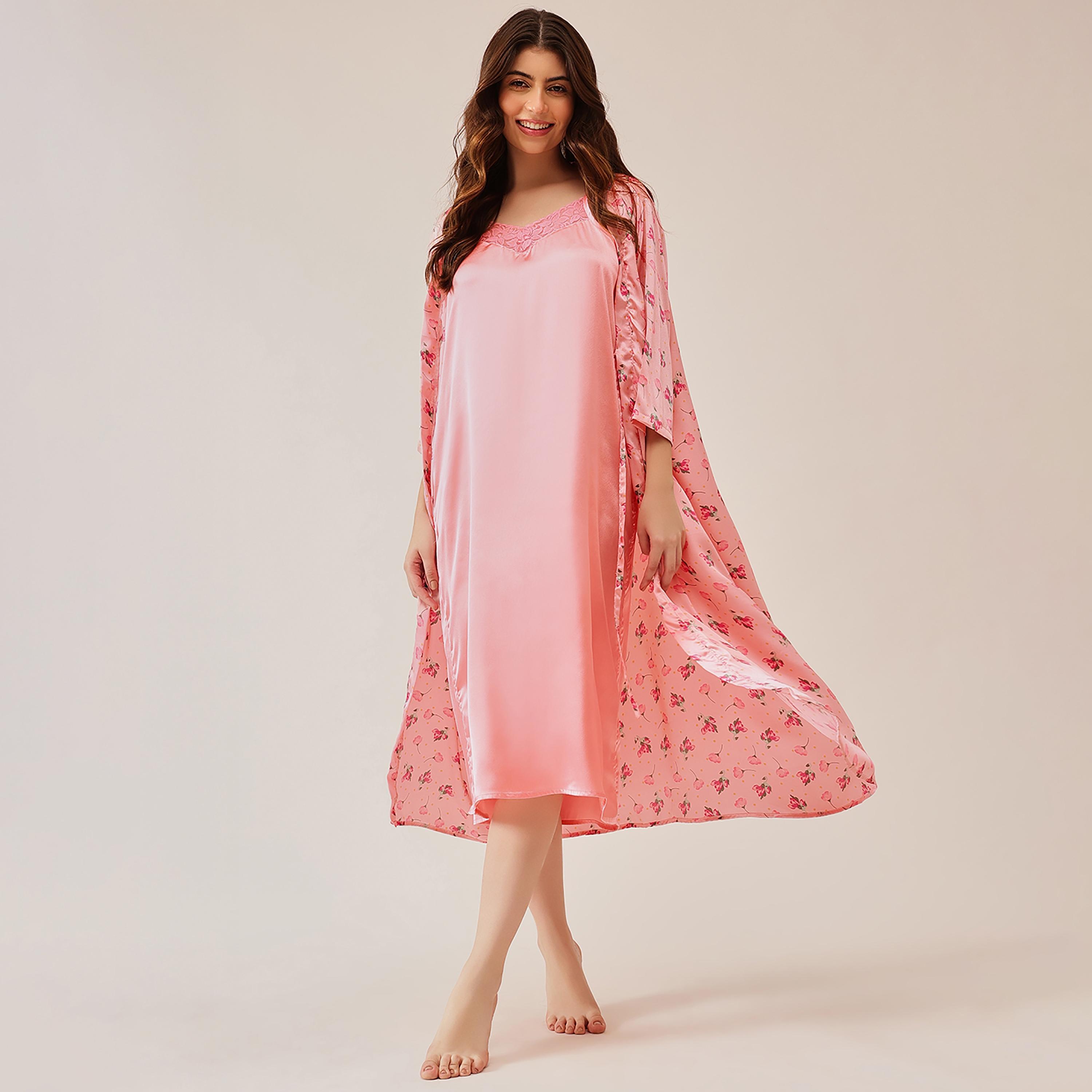 طقم قميص نوم طويل (نايتي) وروب من الساتان بطبعة أزهار باللون الوردي الفاتح للنساء من كلوفيا-women-clothing-nightwear-robes-image-2