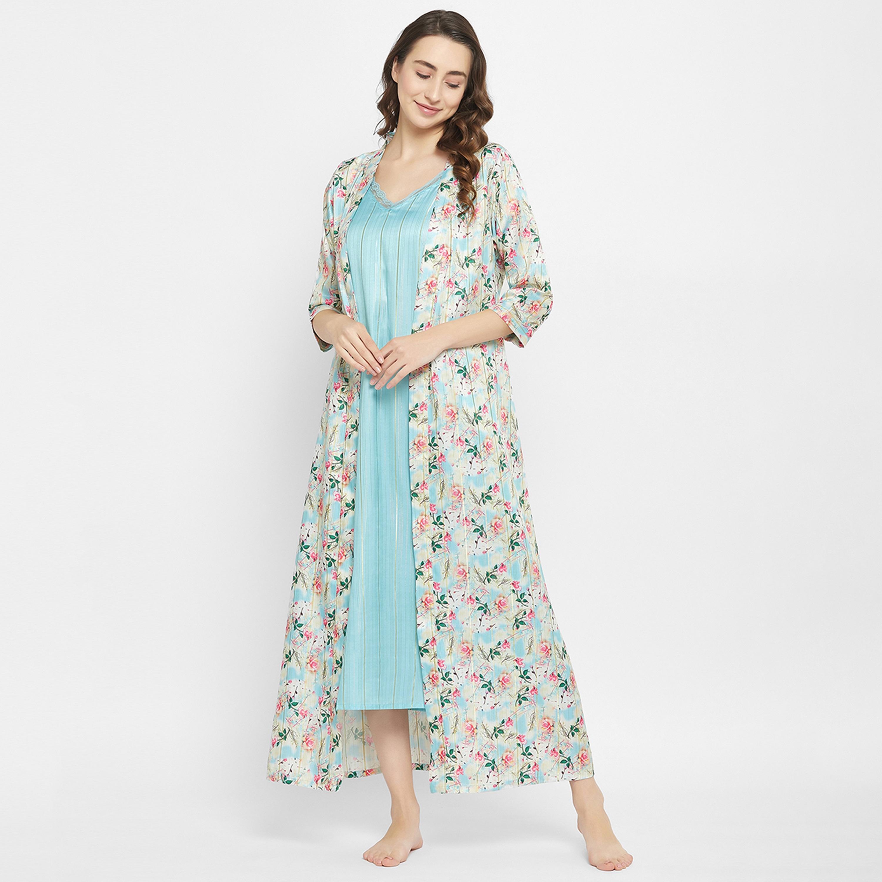 فستان نوم طويل أنيق وبسيط وروب نسائي مزين بالزهور باللون الأزرق السماوي من كلوفيا - ساتان-women-clothing-nightwear-robes-image-11
