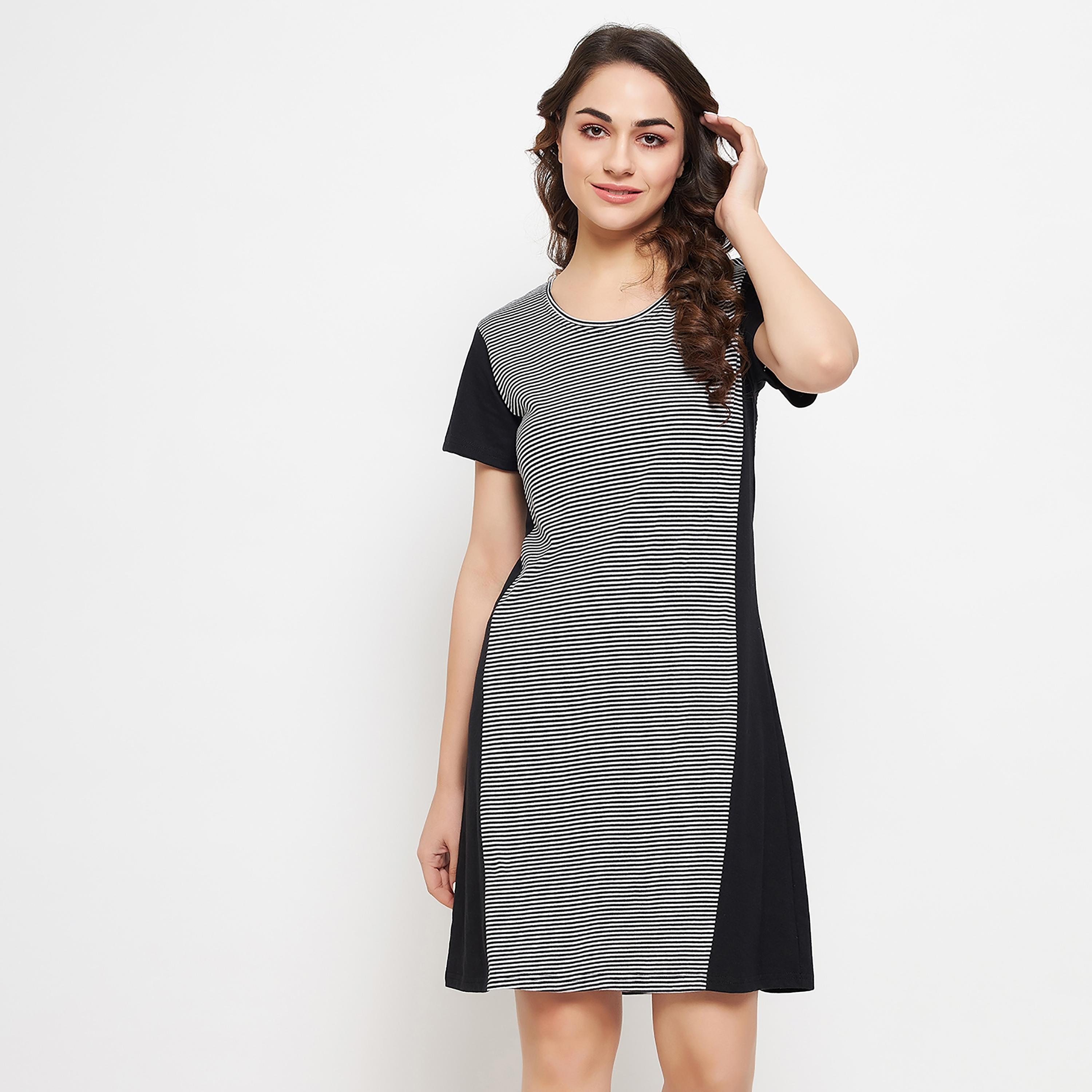 Clovia Stripes Round Neck Knee Length Night Dress-women-clothing-nightwear-nighties-image-2