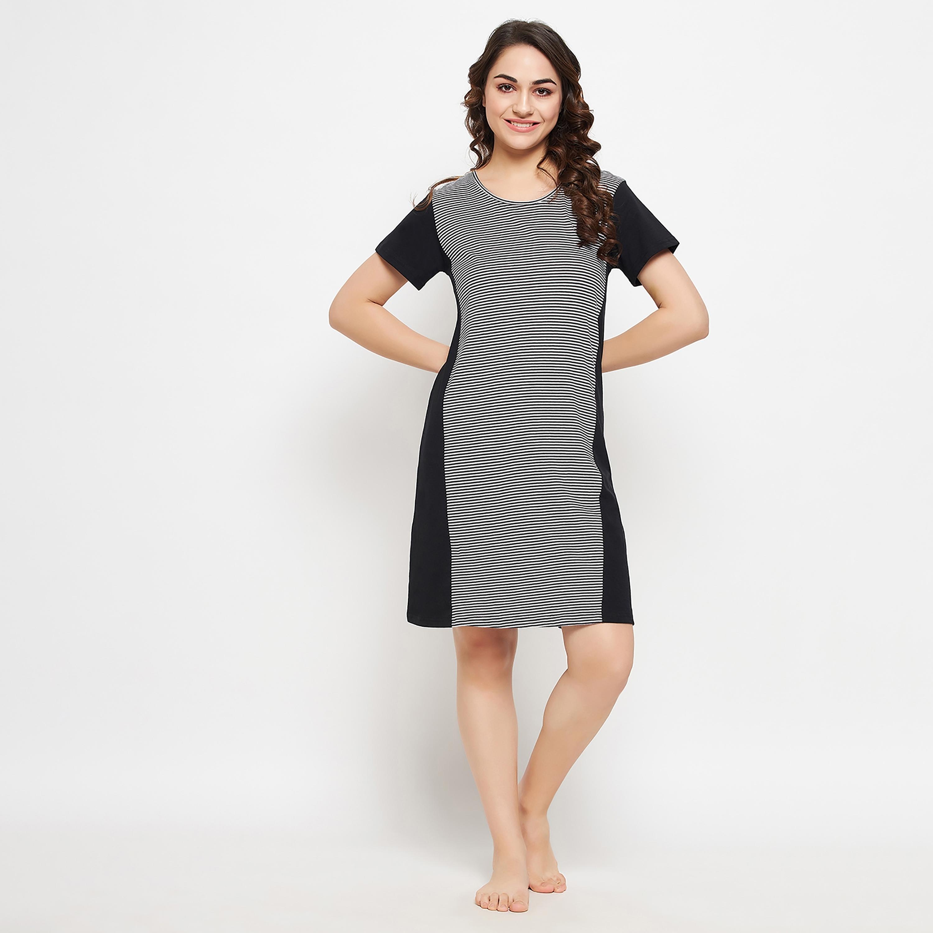 Clovia Stripes Round Neck Knee Length Night Dress-women-clothing-nightwear-nighties-image-3