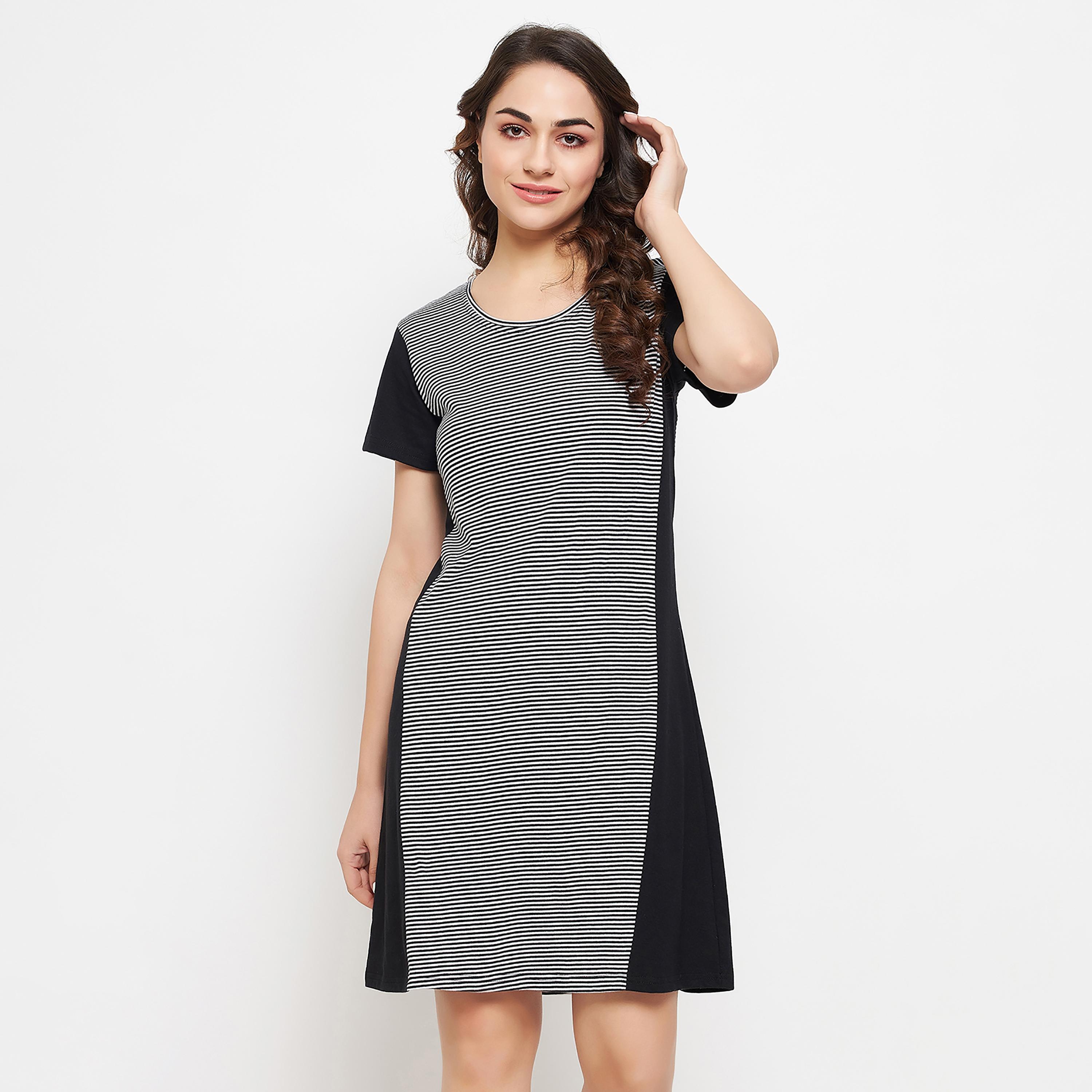Clovia Stripes Round Neck Knee Length Night Dress-women-clothing-nightwear-nighties-image-1