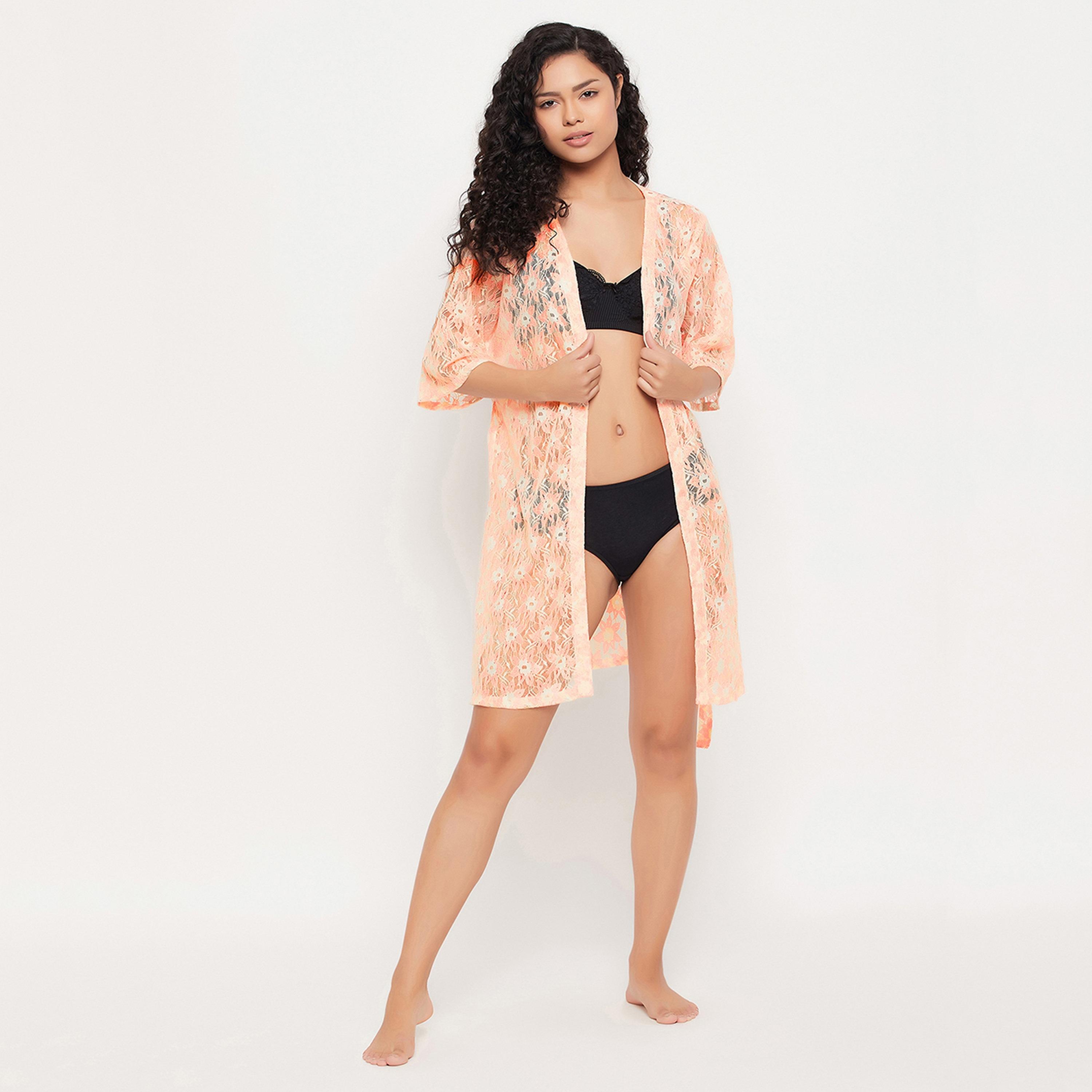 رداء نسائي شفاف من Clovia Chic بلون خوخي - دانتيل-women-clothing-nightwear-robes-image-2